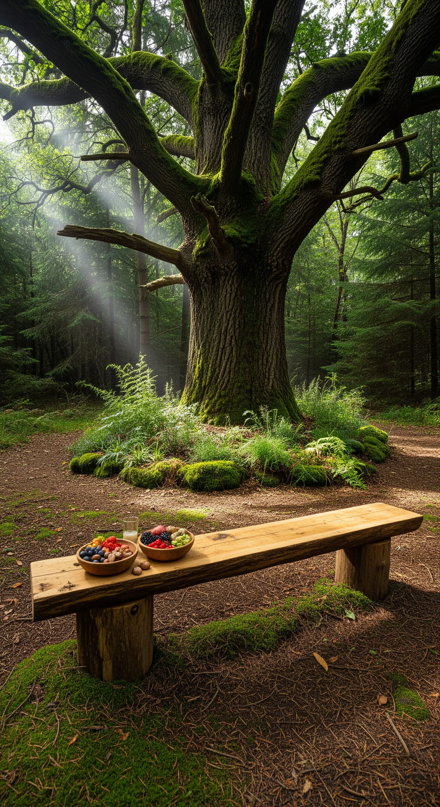 Panca rustica fatta con tronchi d'albero in una radura illuminata dal sole.