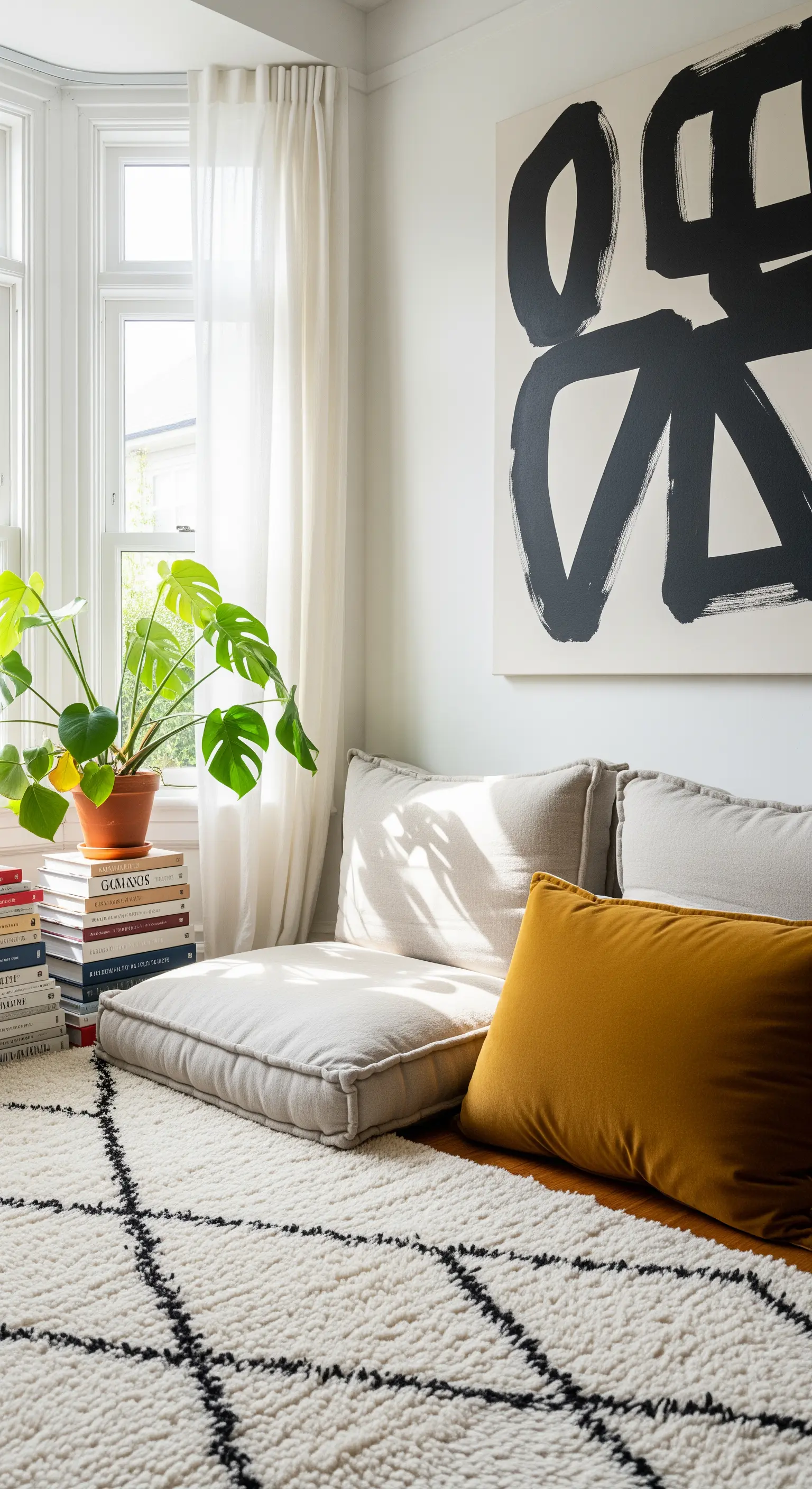 Angolo lettura con divano basso, tappeto berbero e un grande quadro astratto alla parete.