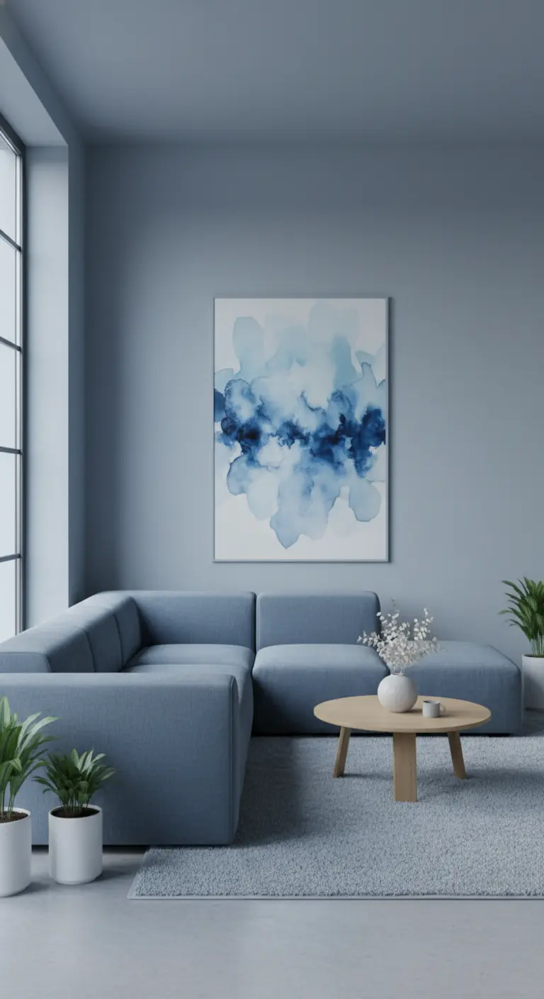 Salotto blu polvere con divano angolare e quadro astratto alle pareti.