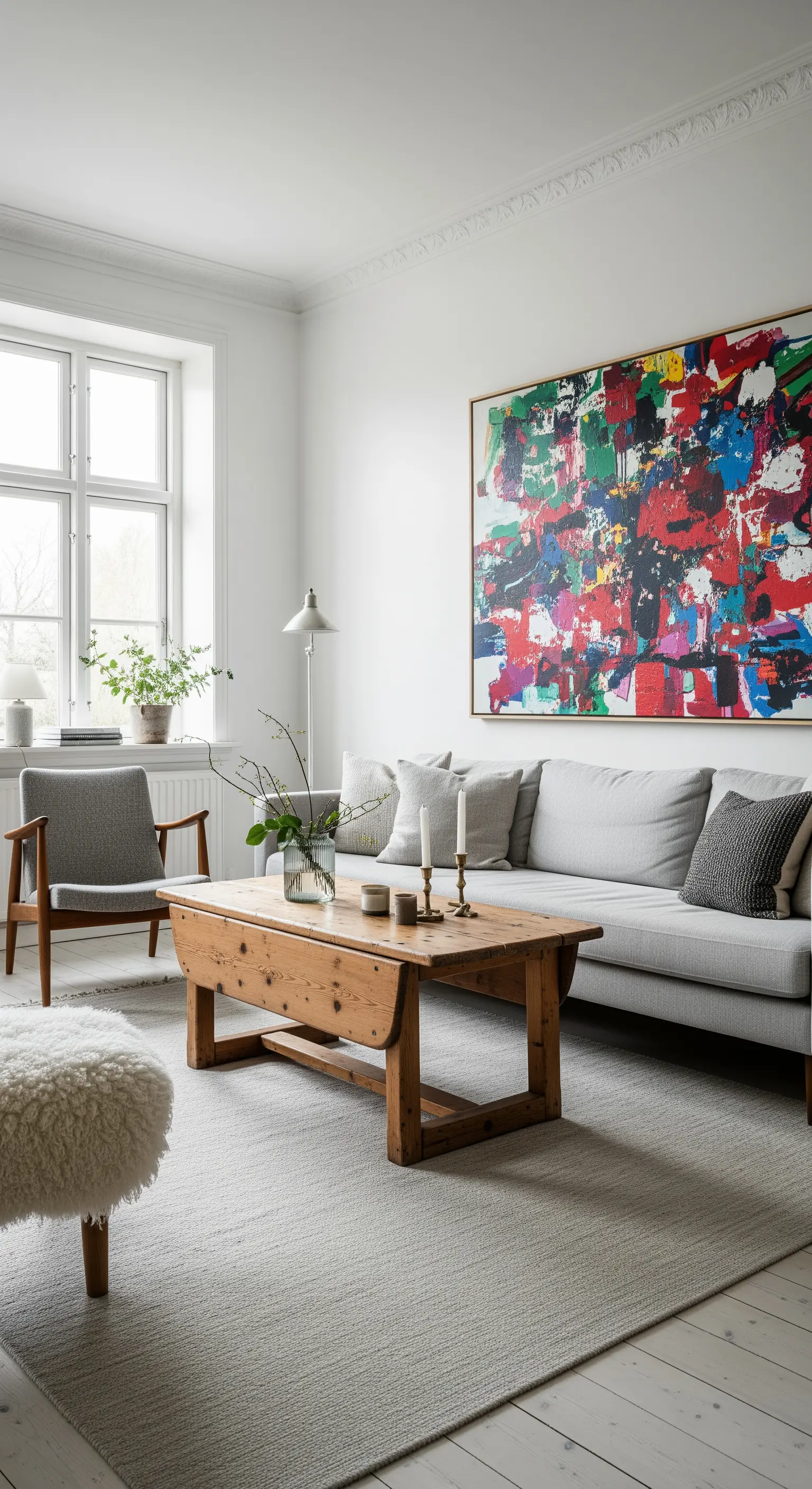 Salotto scandinavo minimalista con un grande quadro astratto e colorato sopra un divano grigio.
