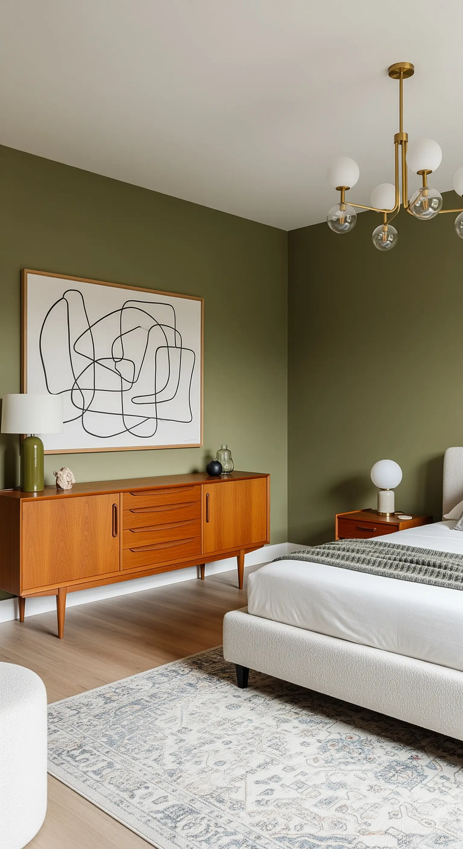 Credenza in legno Mid-Century sotto un grande quadro astratto in una stanza verde oliva.