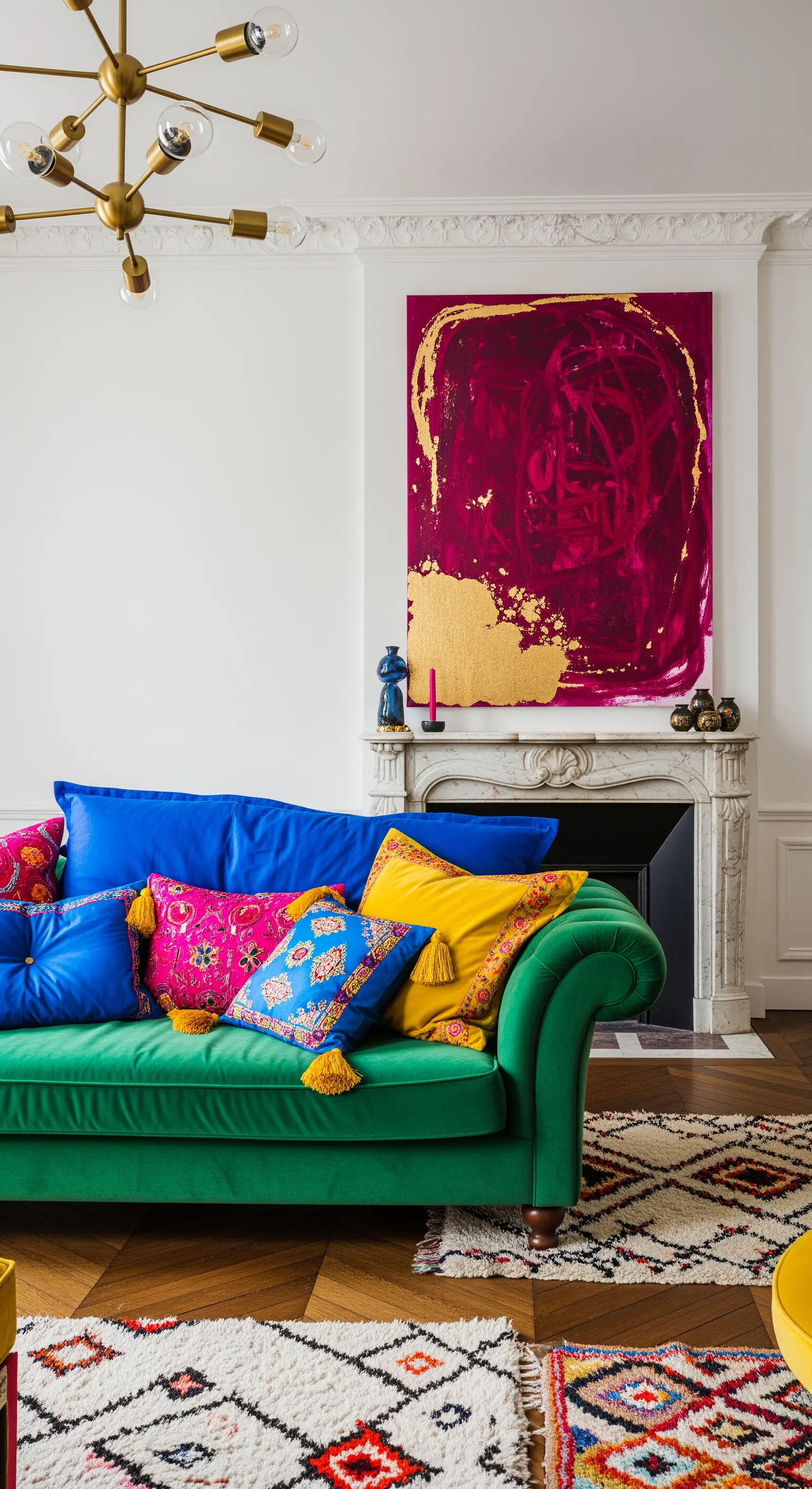 Divano in velluto verde con cuscini colorati e un quadro astratto magenta sopra un camino.