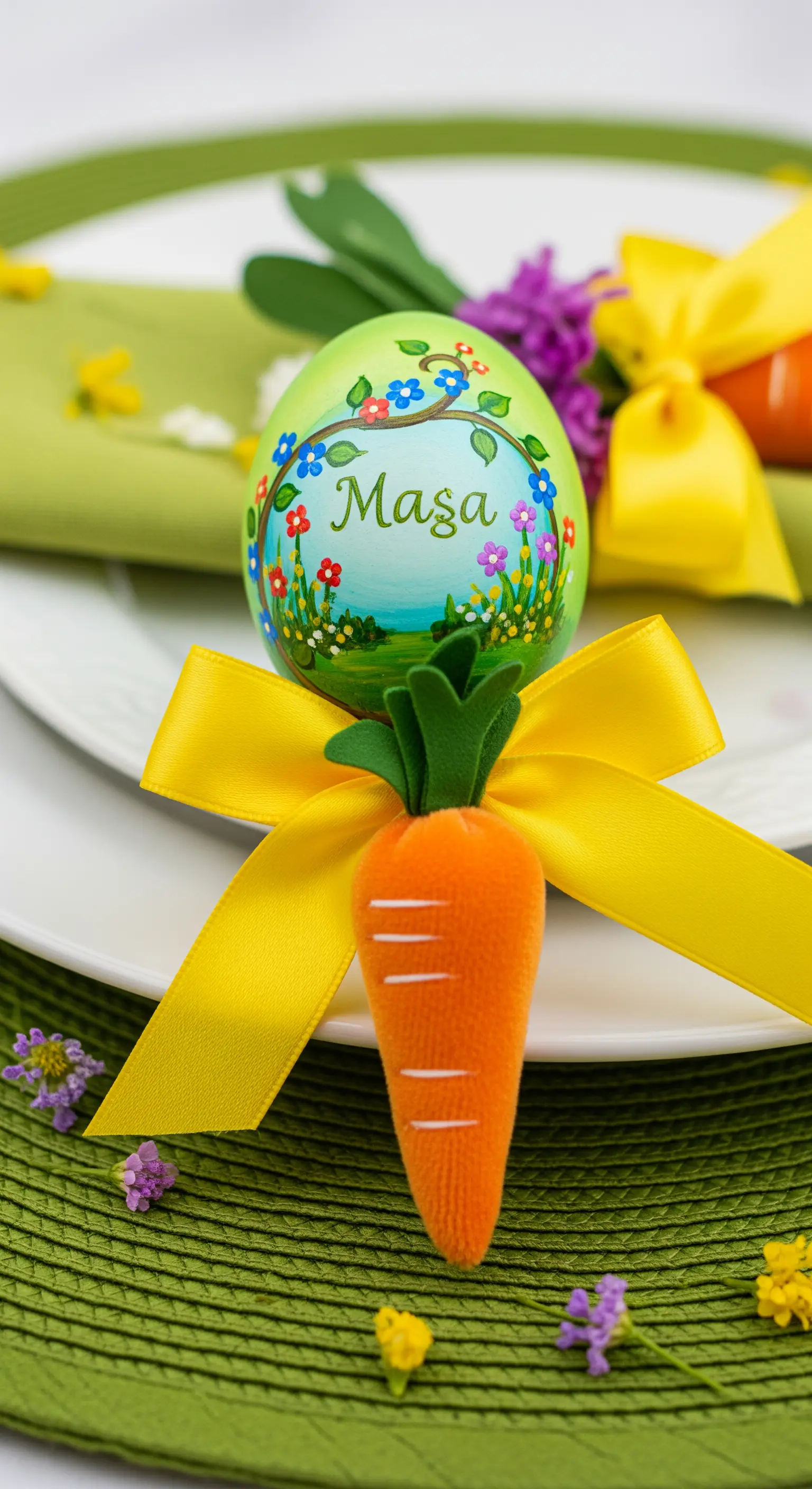 Segnaposto pasquale con uovo dipinto a mano con fiori, carota e nastro giallo.