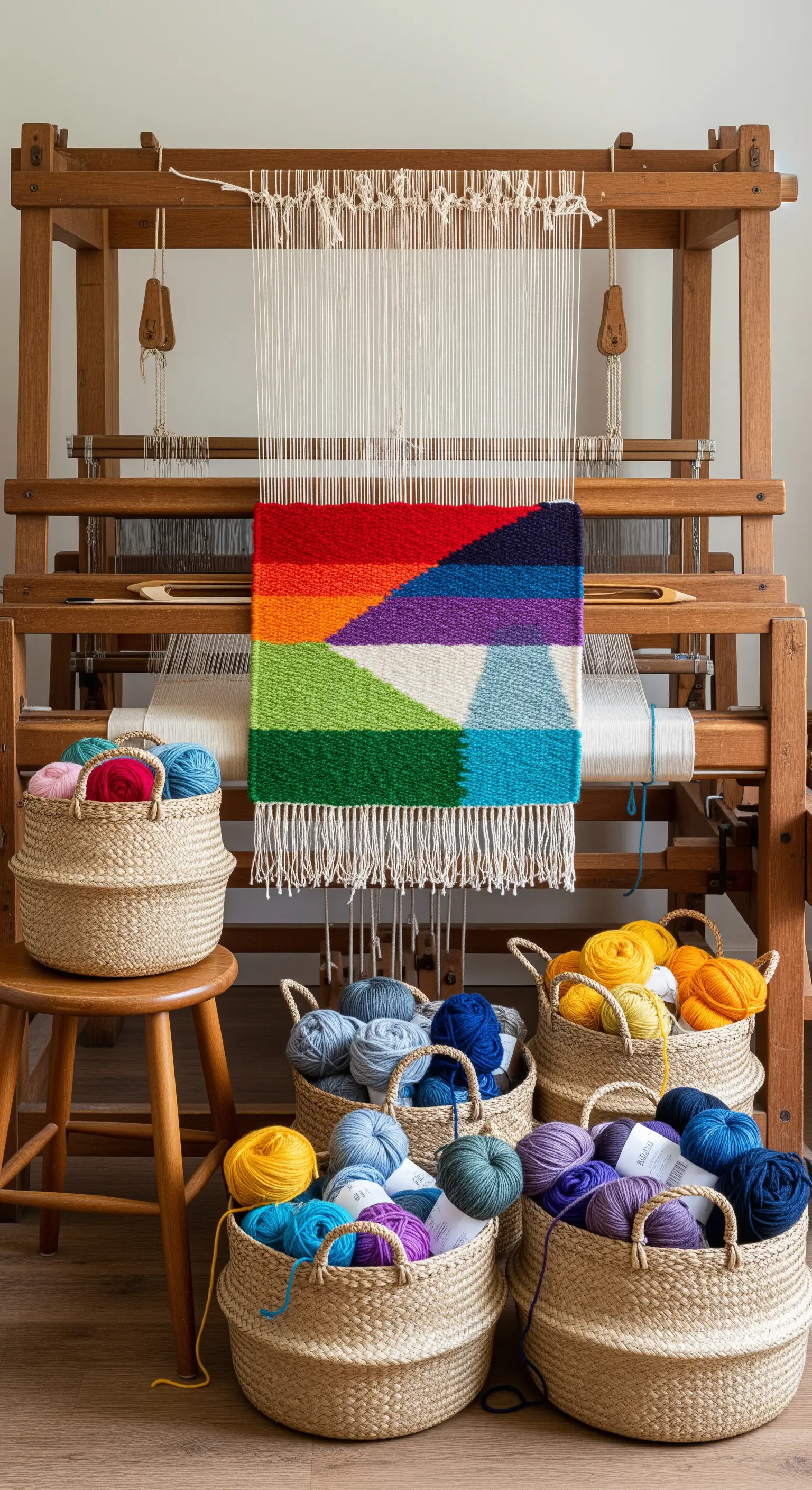 Telaio in legno con un arazzo colorato e ceste di lana sul pavimento.