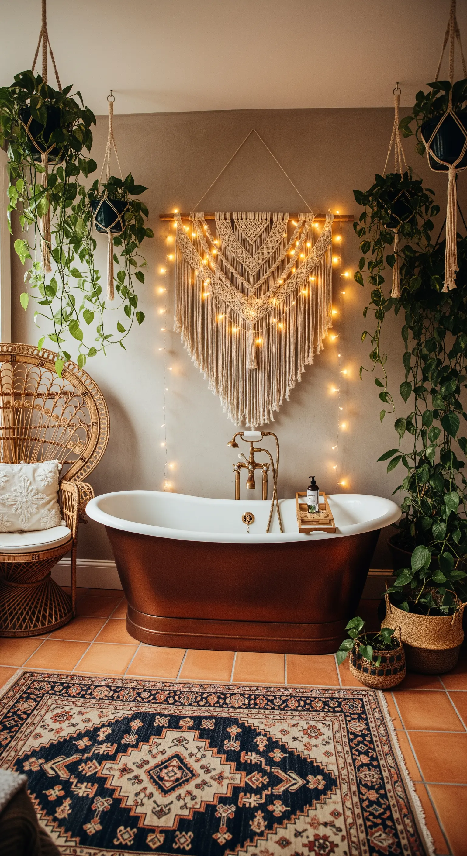 Bagno boho con arazzo in macramè, piante pensili e lucine decorative.