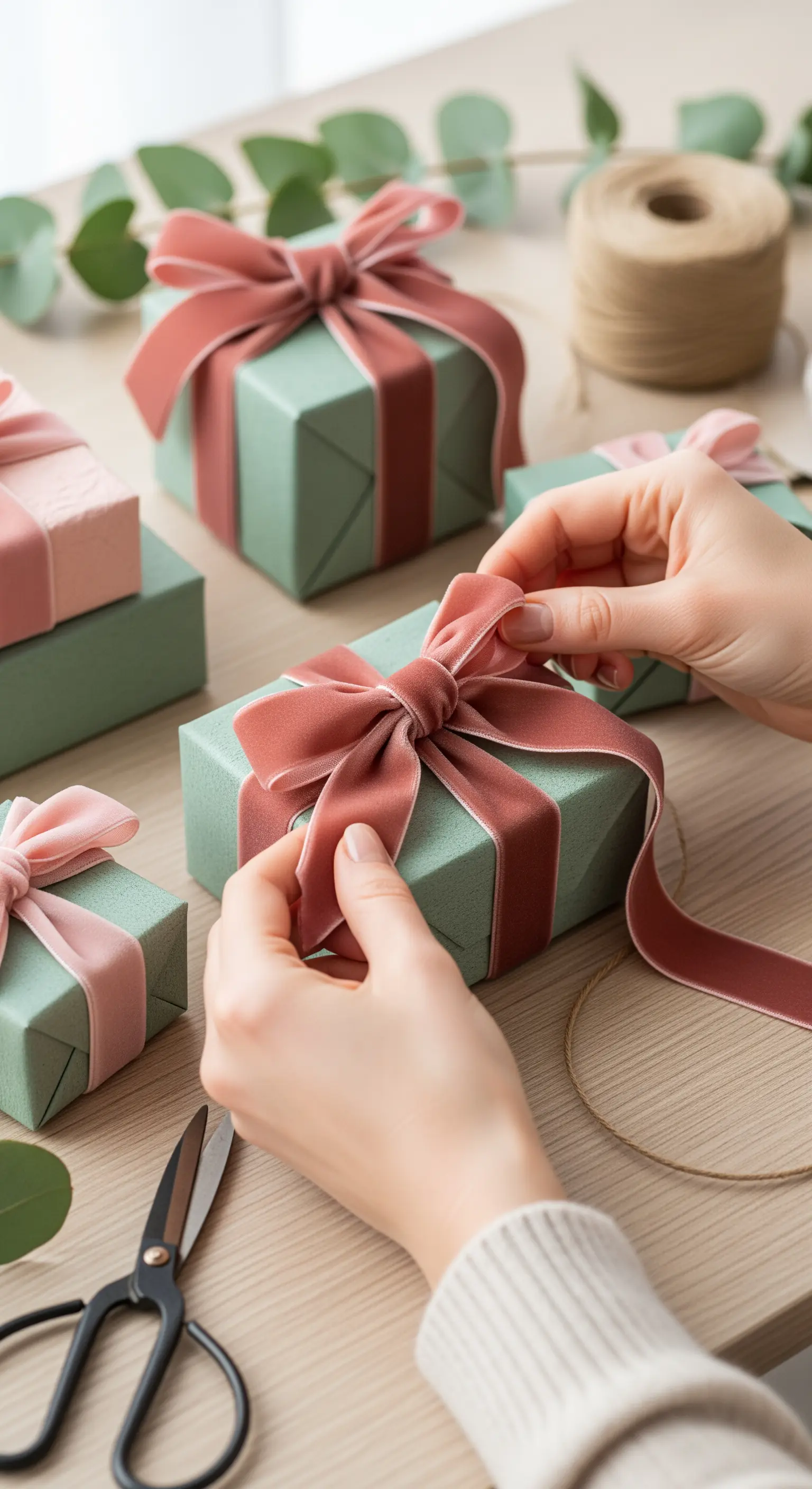 Mani che legano un fiocco di velluto rosa su una scatola regalo verde salvia.