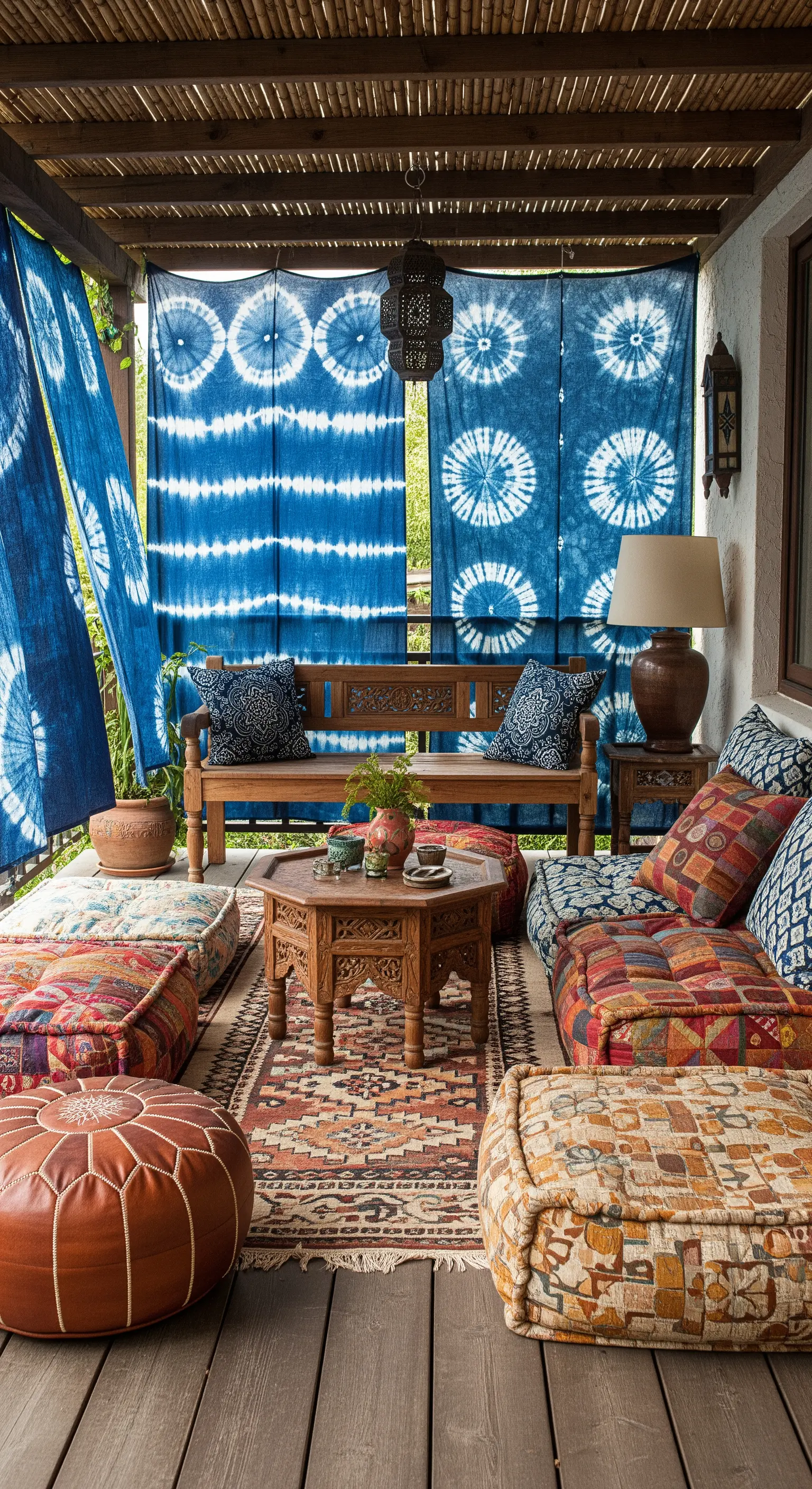 Portico con teli tie-dye blu, cuscini da pavimento, pouf in pelle e un tavolino intagliato