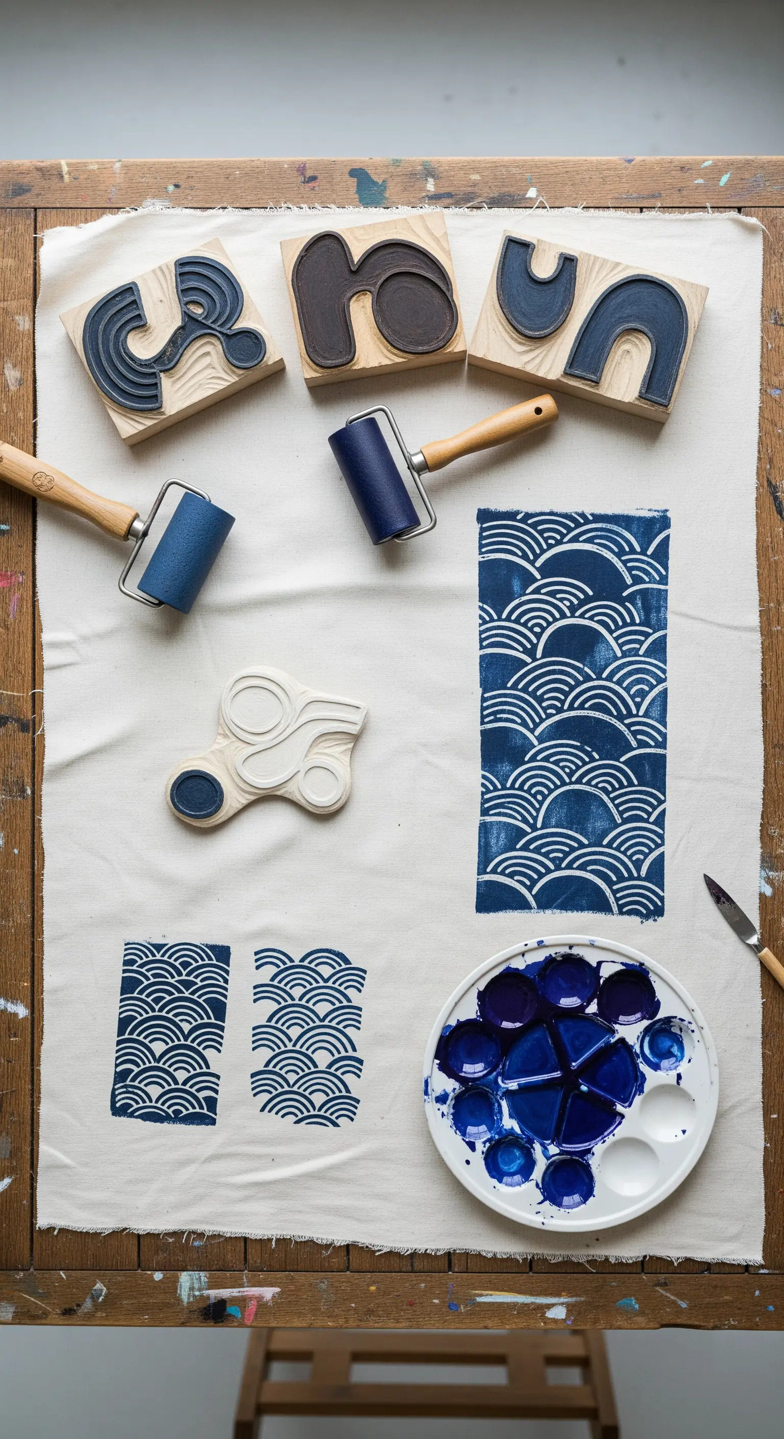 Kit per la stampa a blocchi con timbri in legno, rullo, inchiostro blu e tessuto di prova.