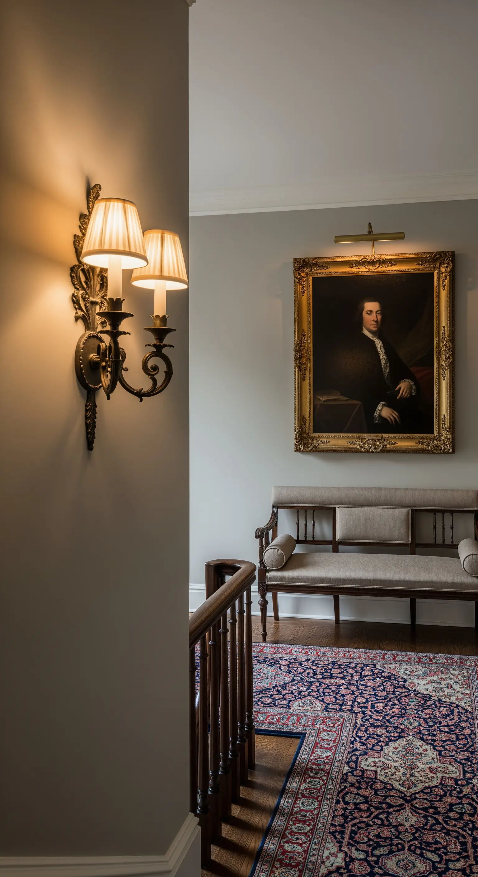 Pianerottolo elegante con panca, grande ritratto illuminato, applique a muro e tappeto persiano.