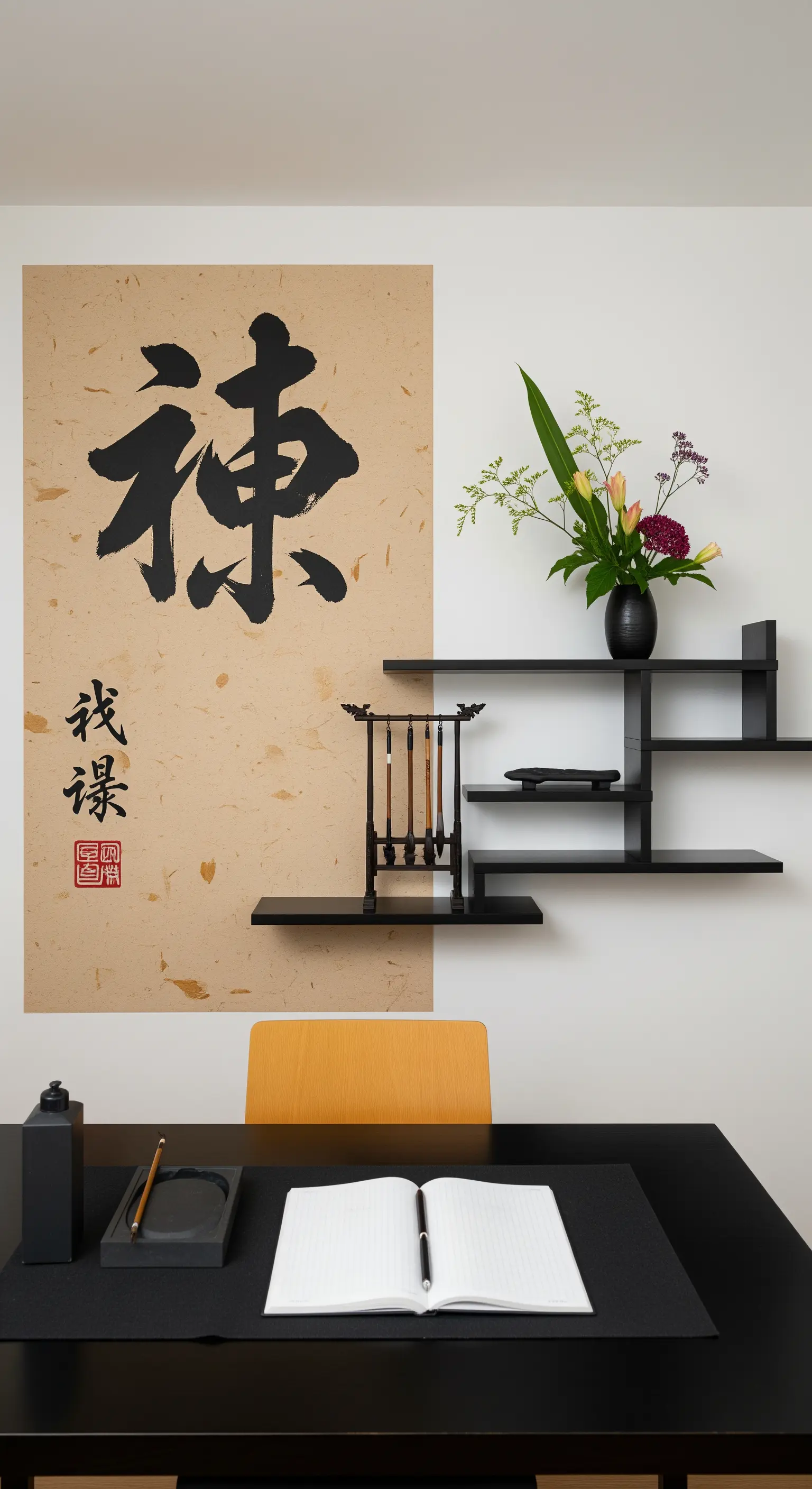 Scrivania minimalista con murale di calligrafia giapponese e mensole nere asimmetriche.