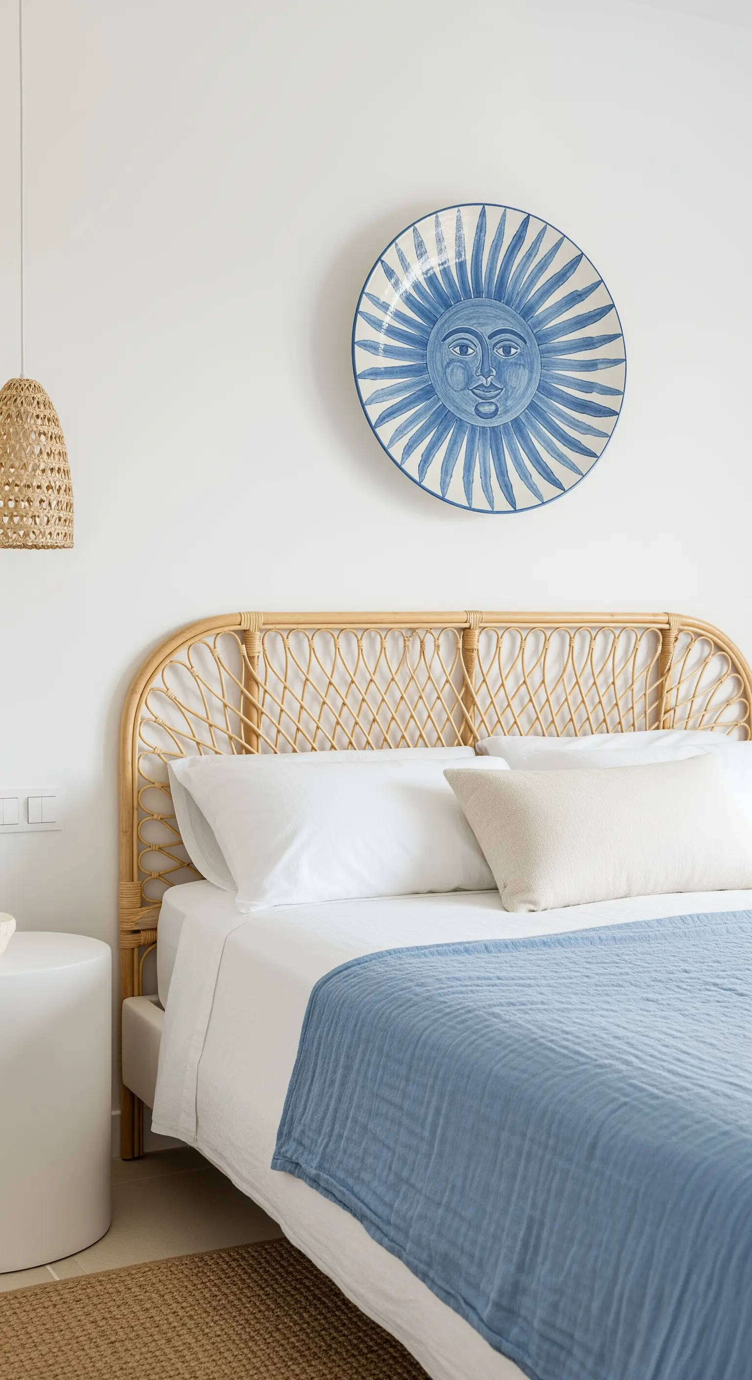 Piatto decorativo in ceramica blu con un sole appeso sopra una testiera in rattan.