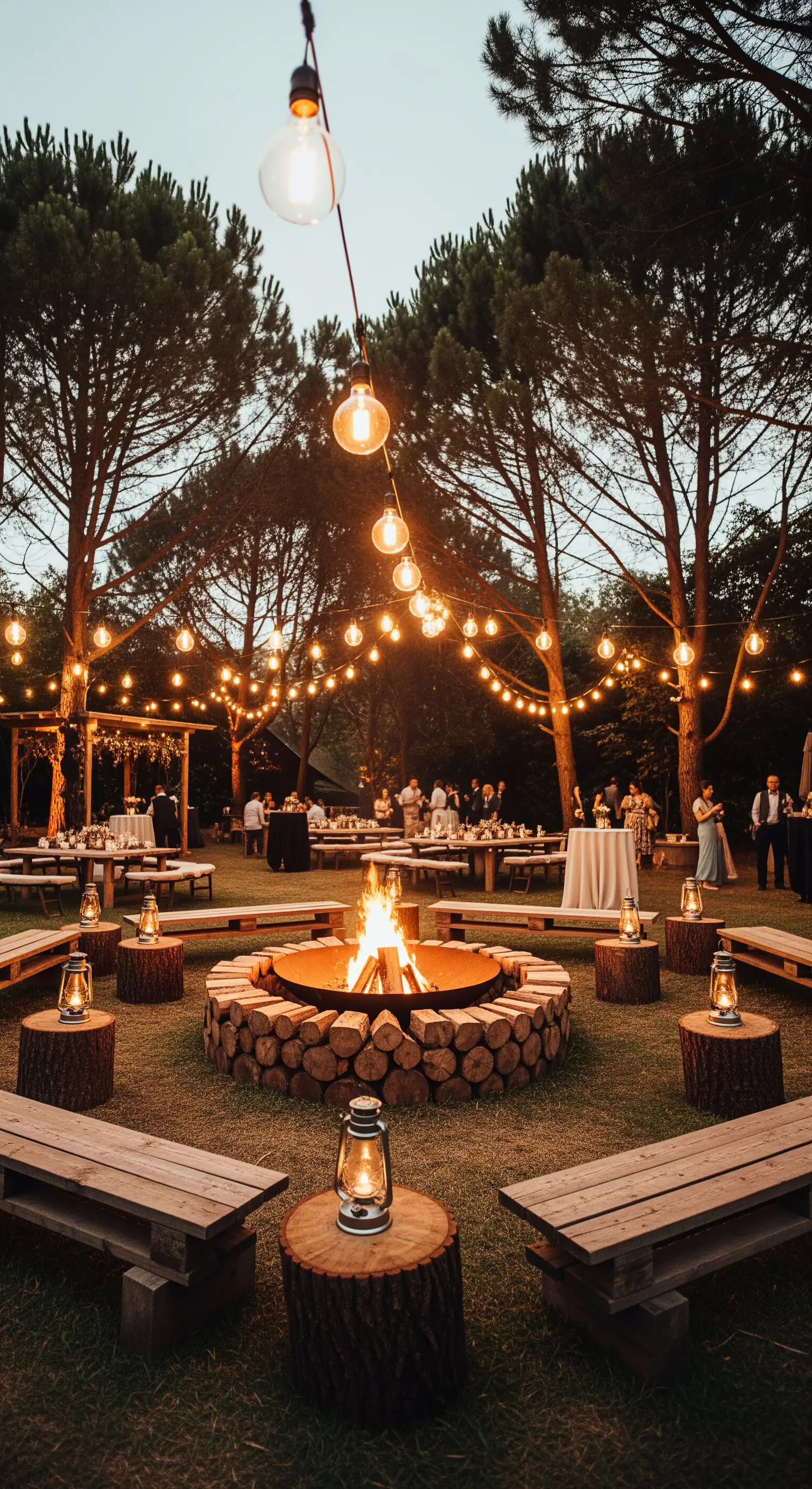 Grande braciere circondato da panche in legno e ceppi con lanterne durante un evento serale.