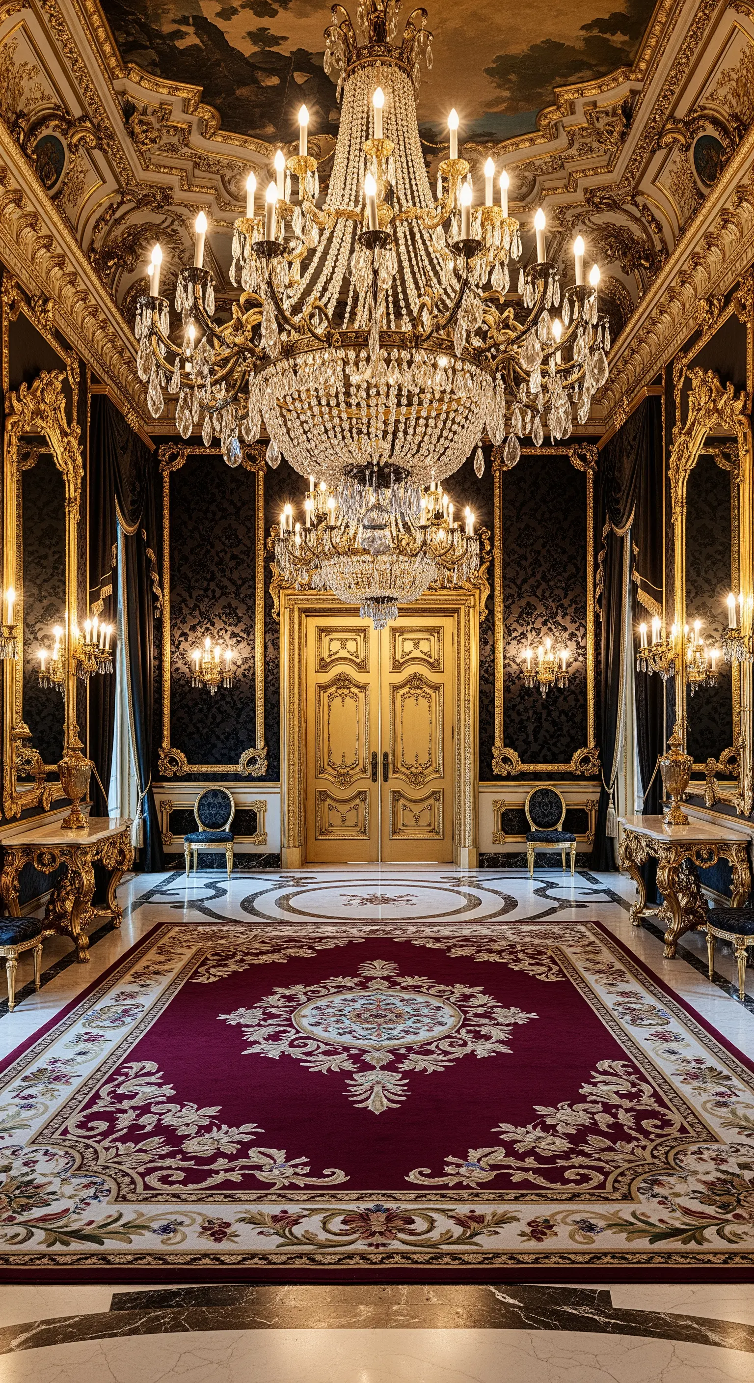 Salone barocco opulento con dettagli dorati, lampadari di cristallo e tappeto rosso.