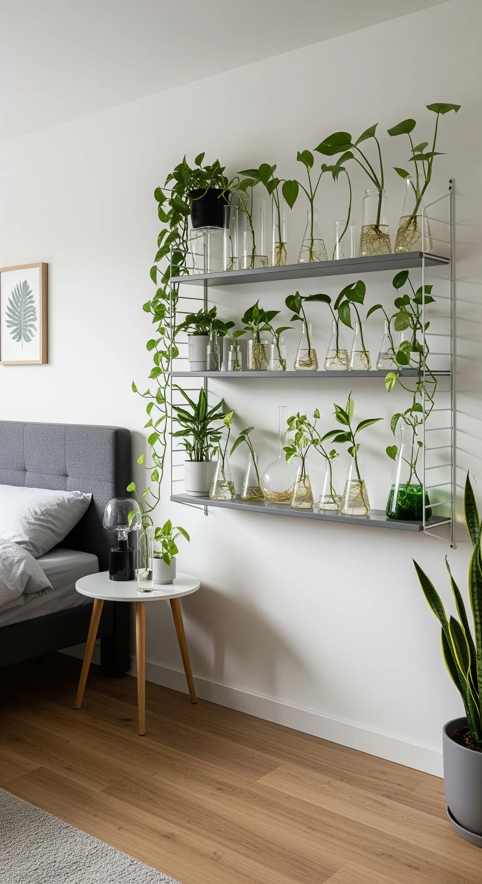 Mensole a parete con ampolle e vasi di vetro contenenti talee di piante in acqua.