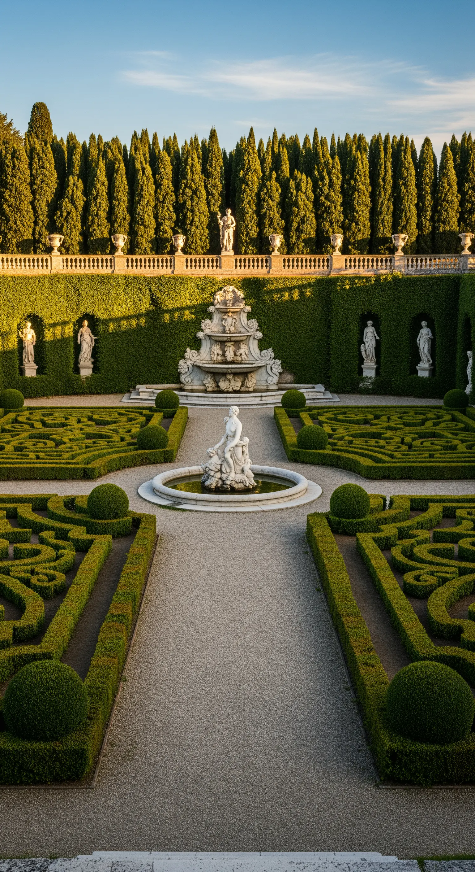 Giardino formale con siepi geometriche, statue e una grande fontana centrale in marmo.