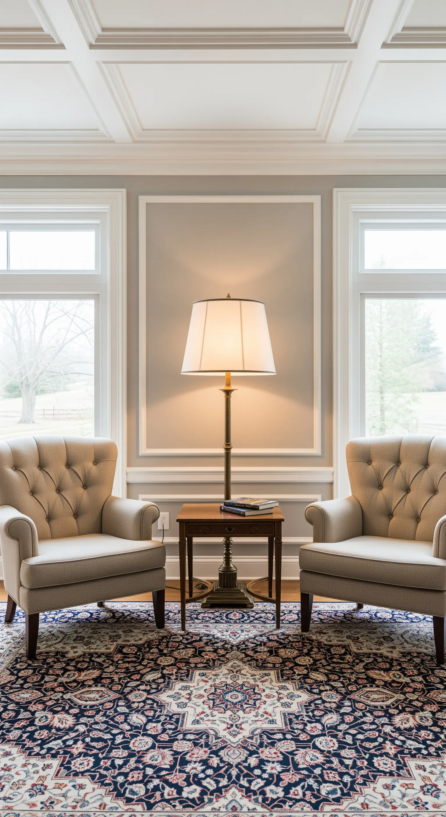 Spazio simmetrico con due poltrone capitonné beige, una lampada centrale e un tappeto persiano.