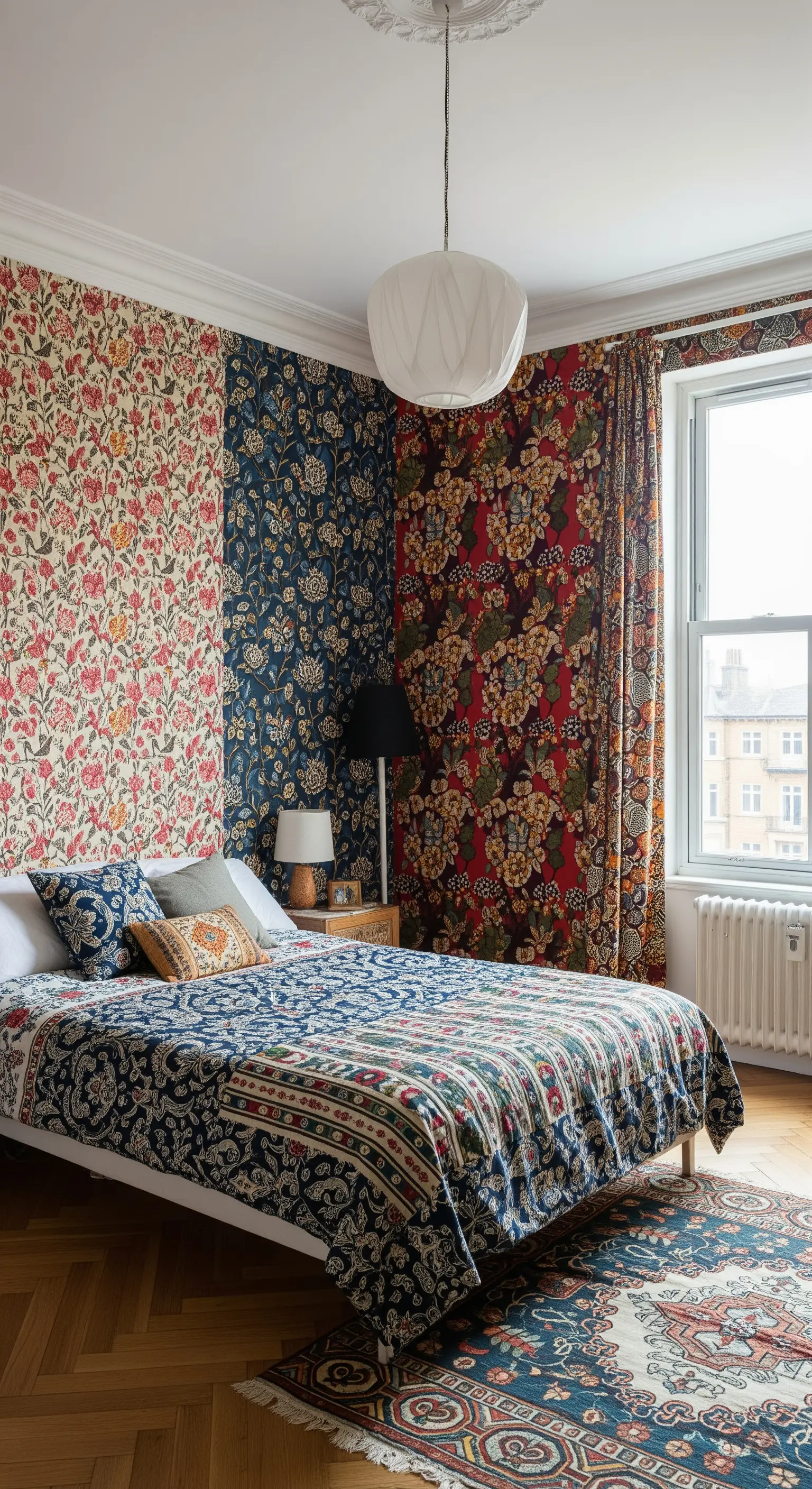 Camera da letto con tre diverse carte da parati a motivi floreali, tende e copriletto coordinati.