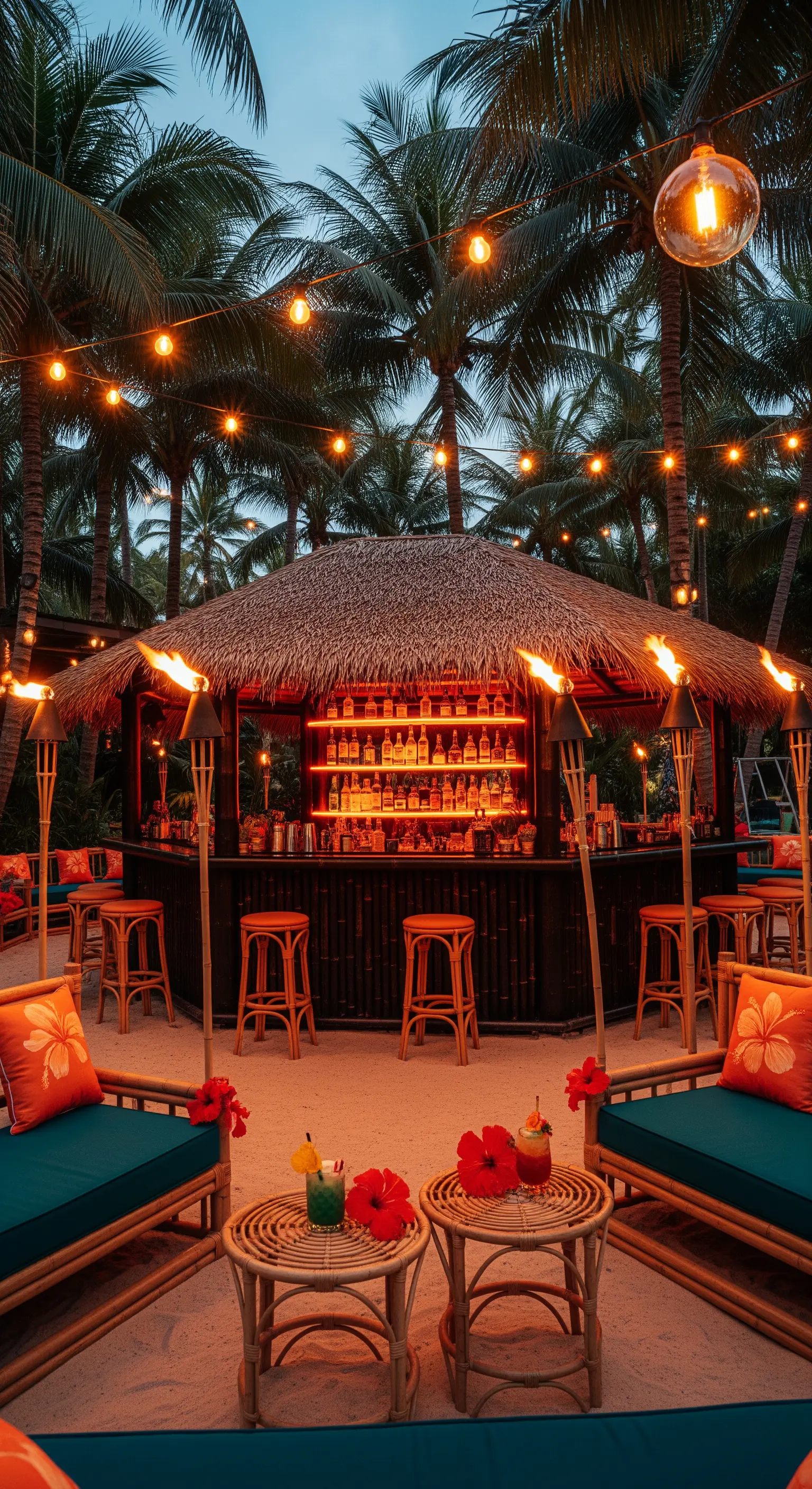 Cocktail bar tropicale con tetto in paglia, torce tiki accese e catene di luci sospese.