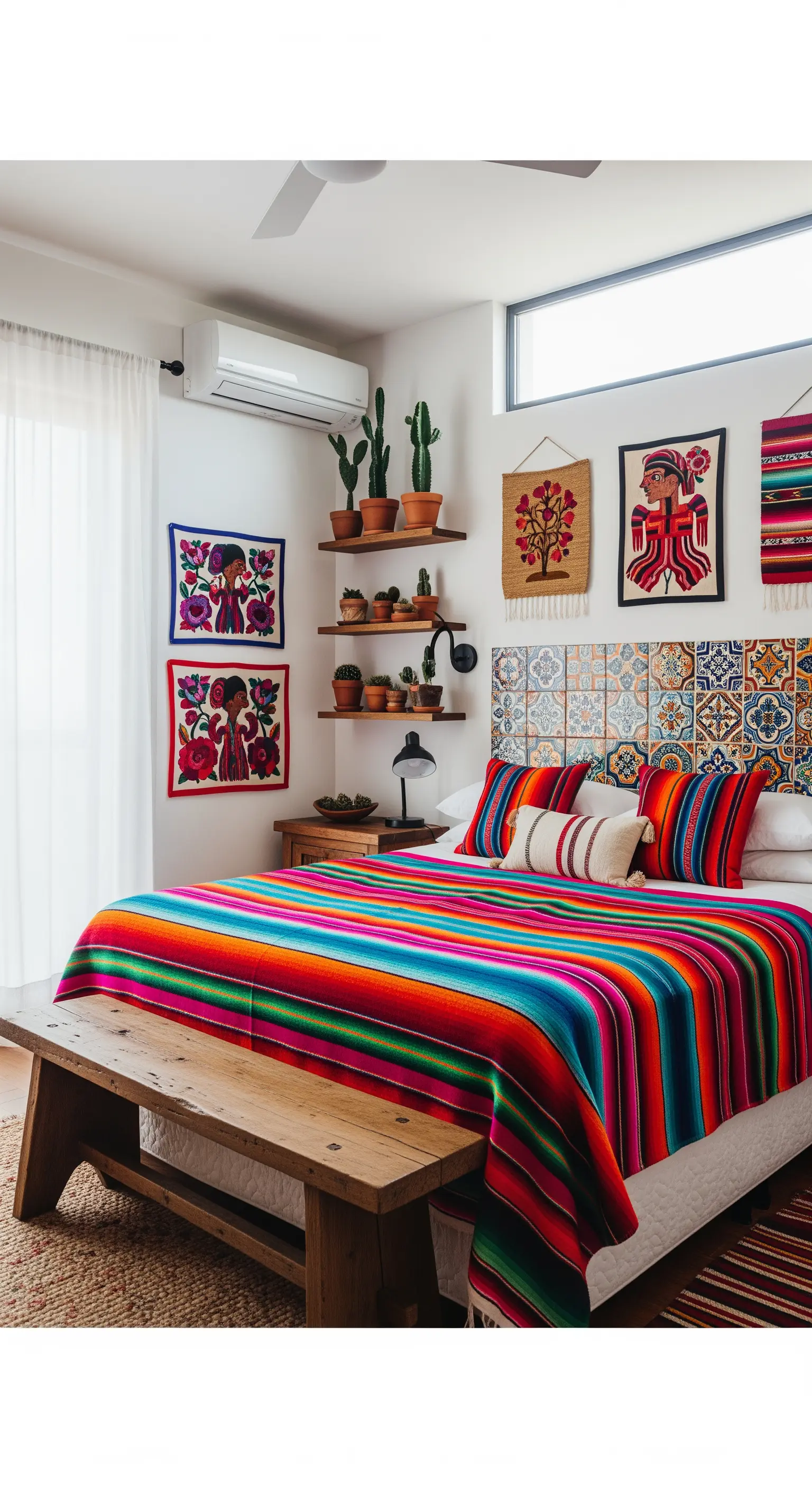 Letto con coperta messicana a righe colorate e arazzi ricamati appesi al muro.