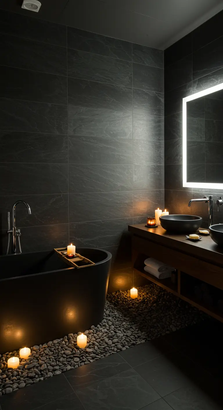 Vasca da bagno freestanding nera circondata da ciottoli e candele accese in un bagno scuro.