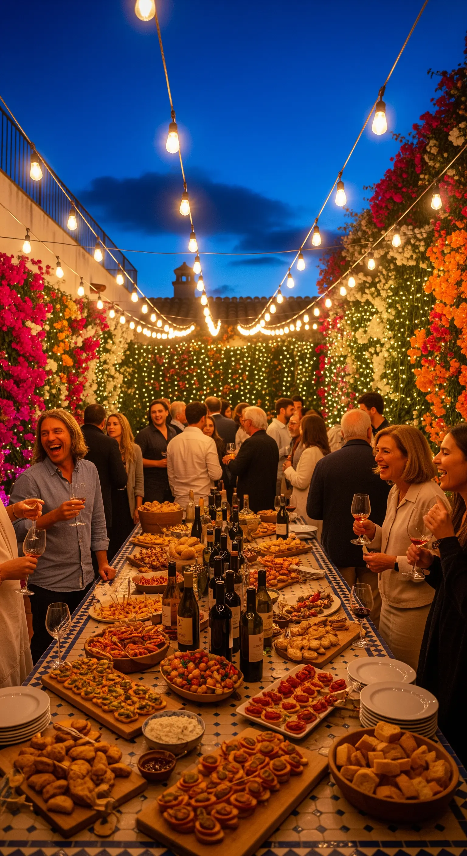 Festa in giardino con un lungo tavolo da buffet sotto fili di lampadine.