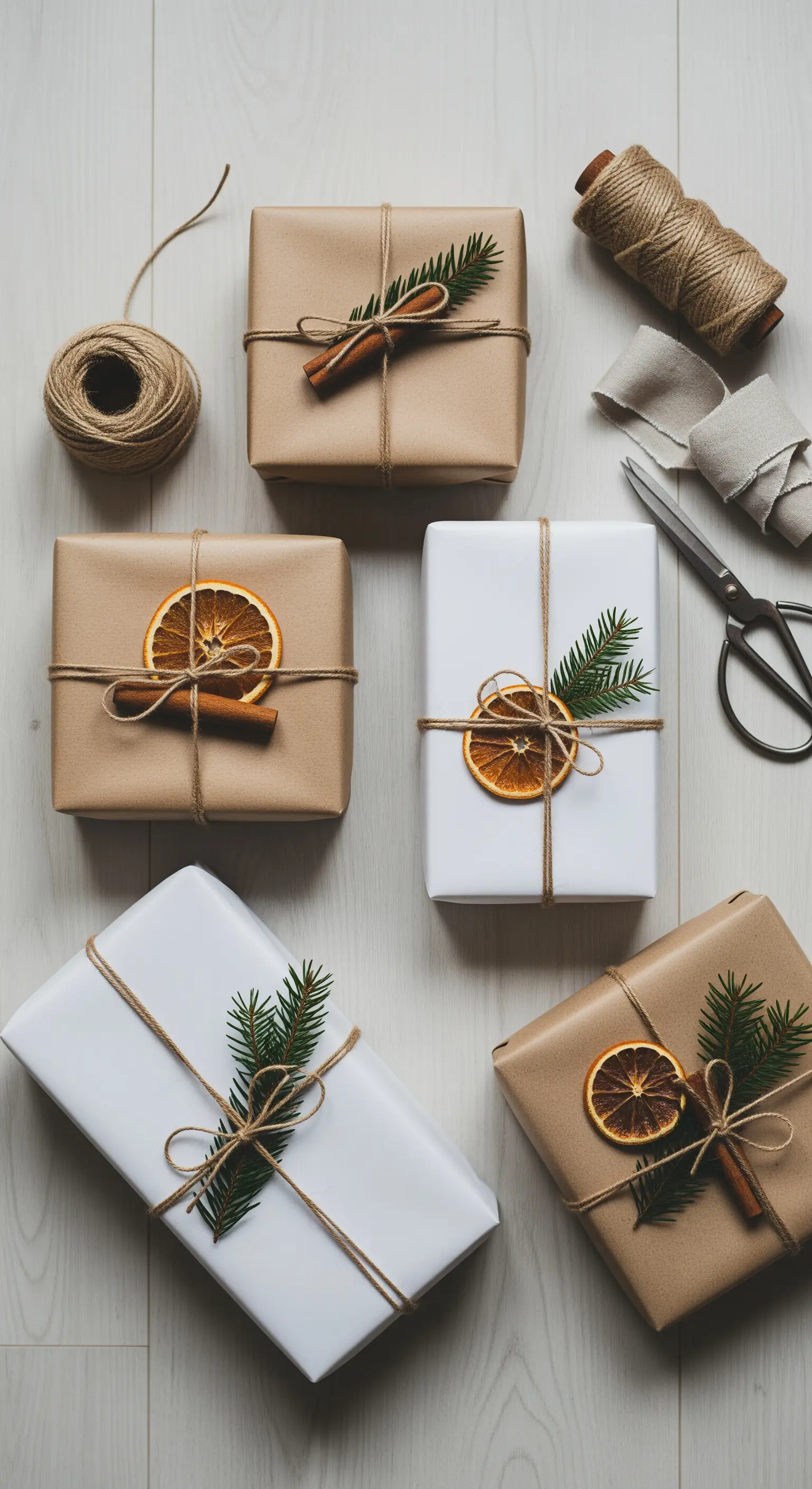 Pacchetti regalo incartati con carta kraft, spago e decorazioni naturali come arancia e pino.