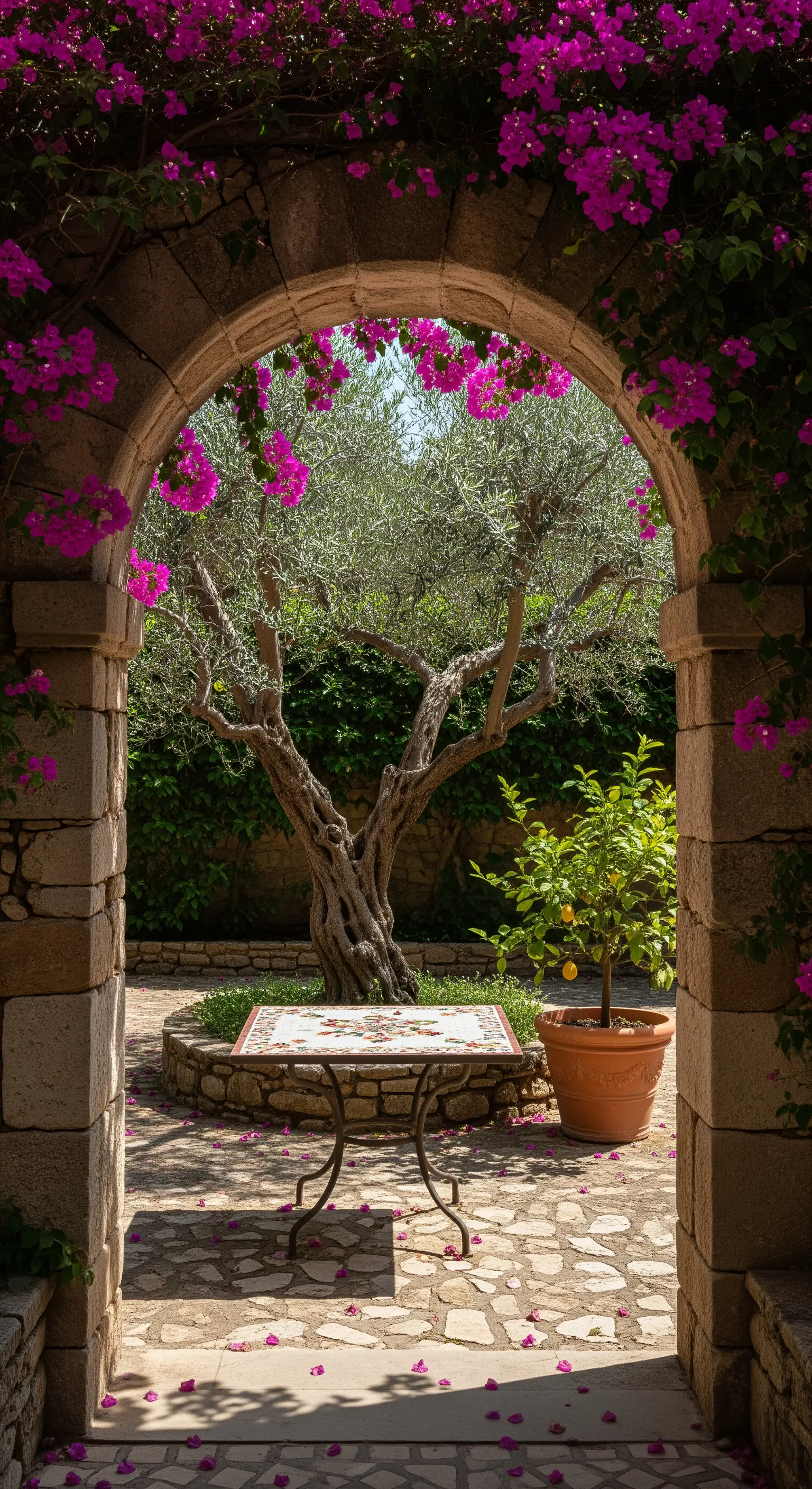 Arco in pietra che incornicia un ulivo e un tavolo in mosaico in un giardino.