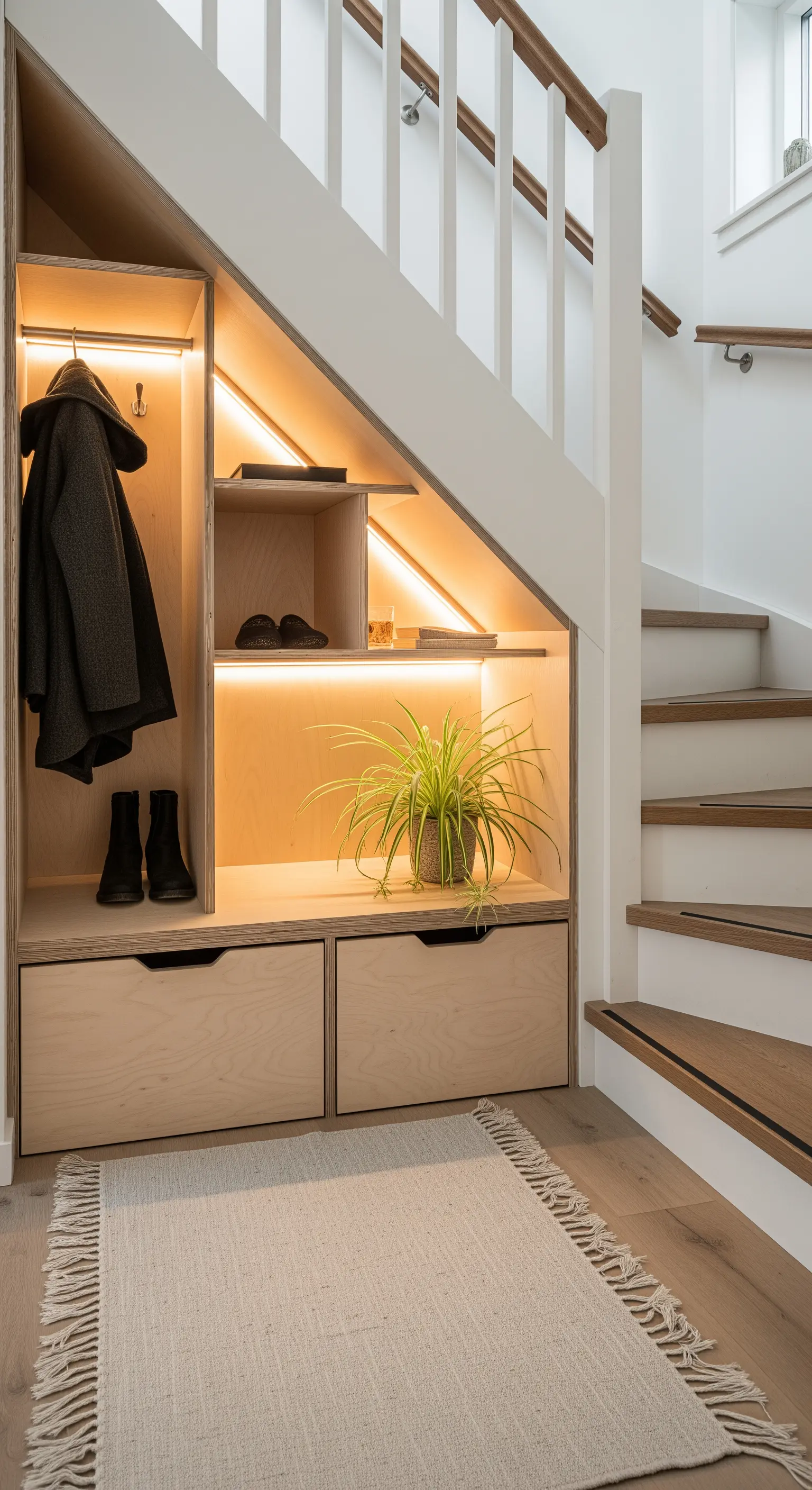 Sottoscala organizzato con mobili su misura in legno chiaro e illuminazione LED integrata.