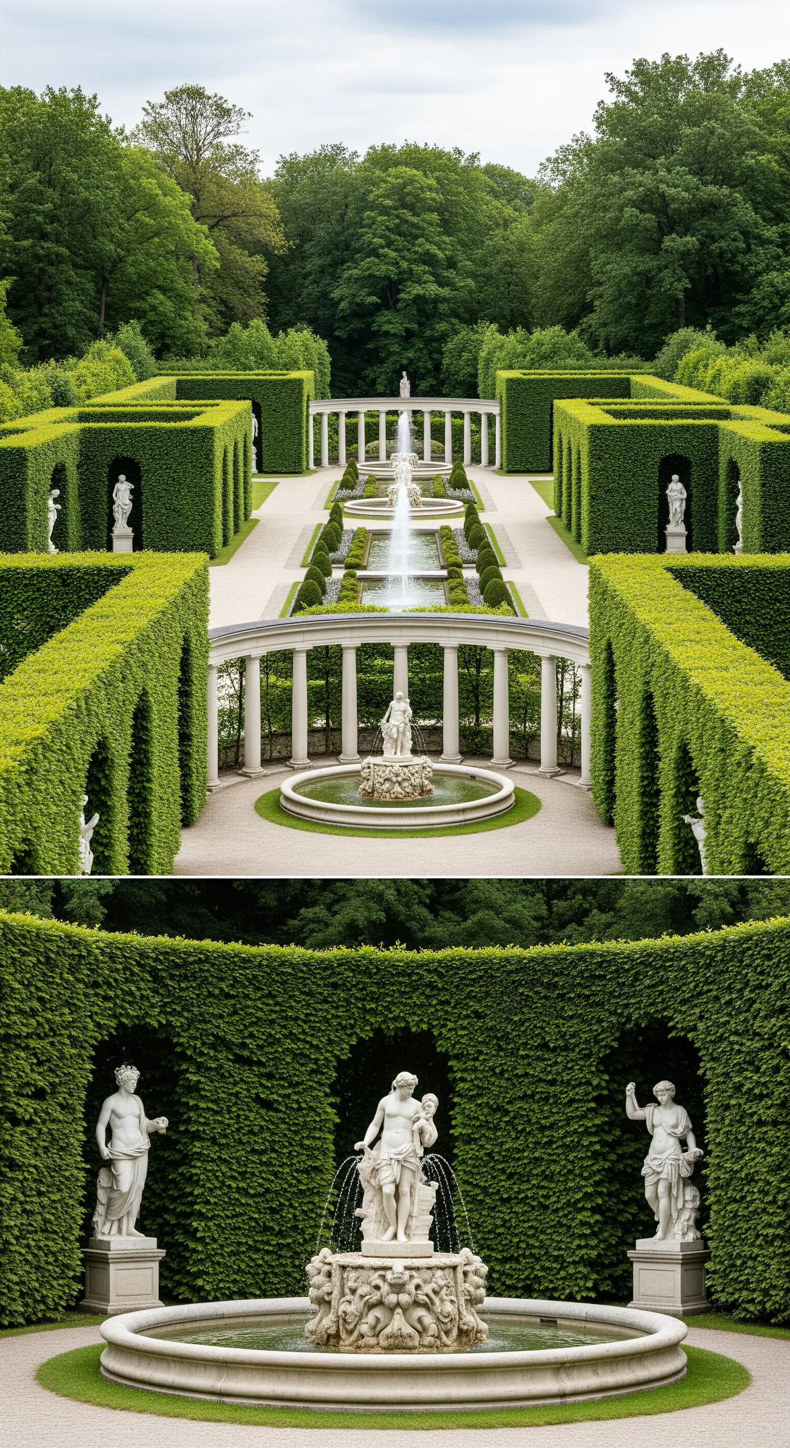 Giardino formale su più livelli con statue classiche in nicchie di siepi e fontane.
