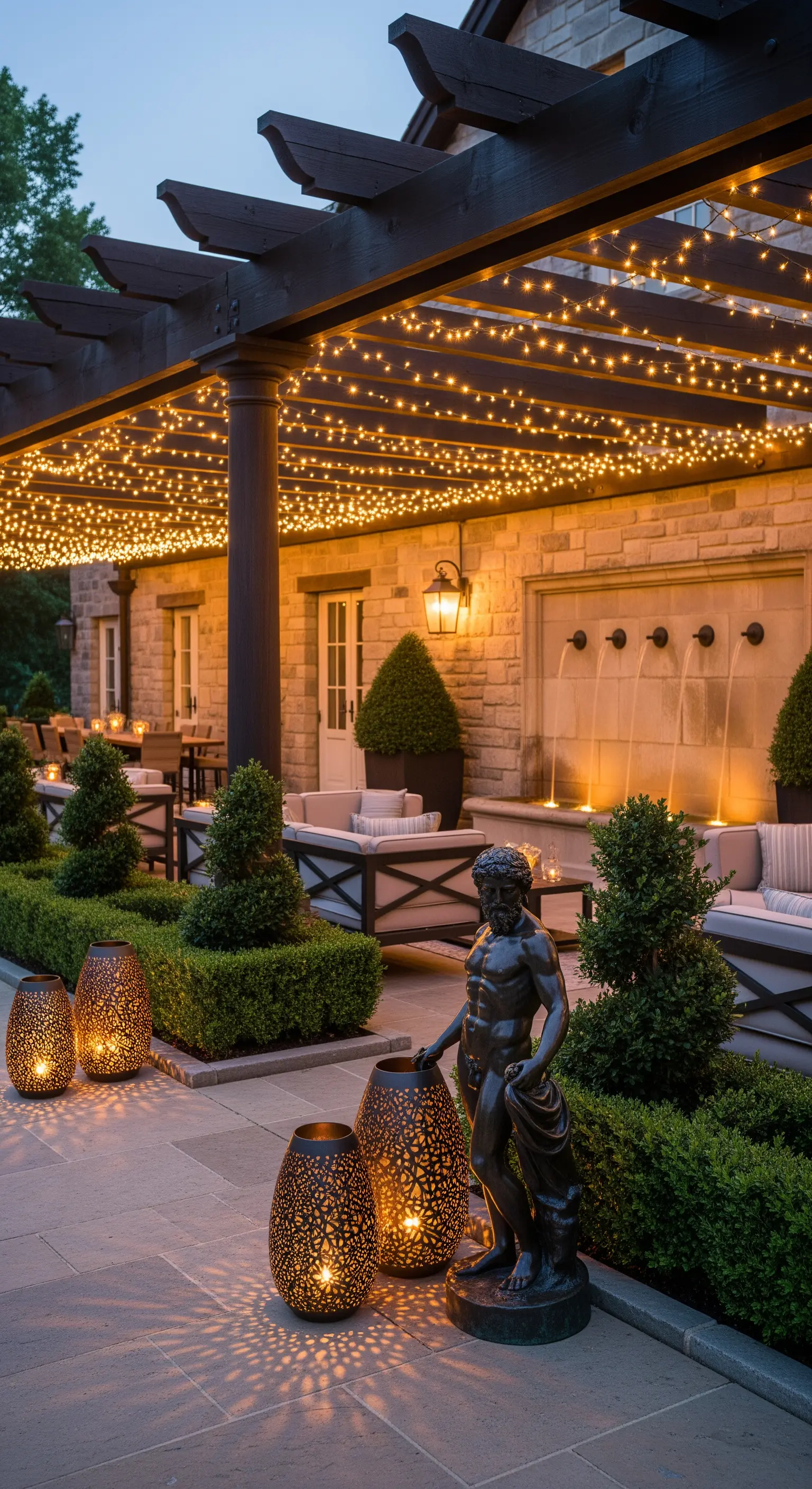 Patio moderno illuminato da lucine, lanterne decorative e una fontana a muro con cascate.