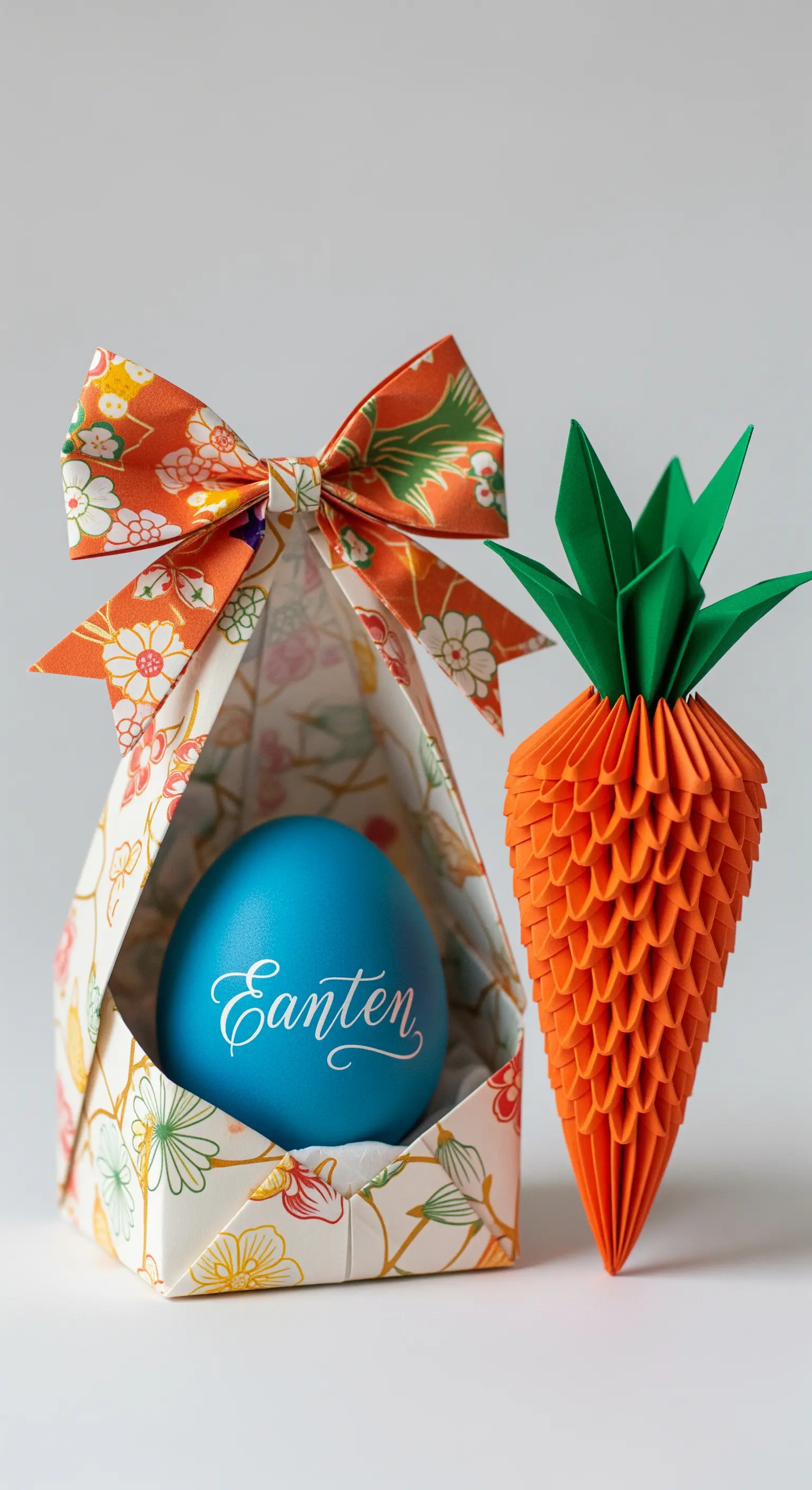 Segnaposto pasquale con uovo personalizzato in una scatola origami e carota 3D in carta.