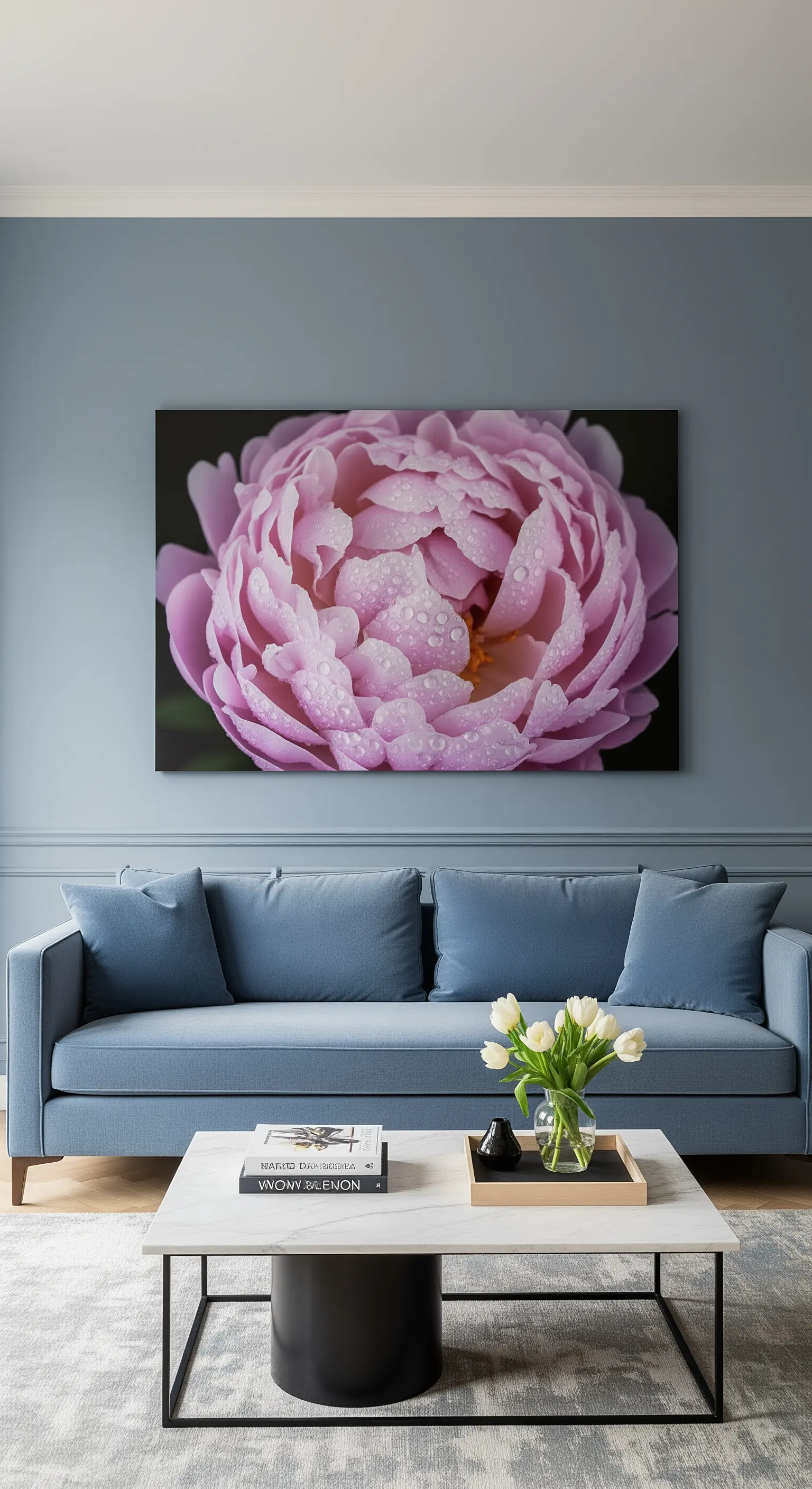 Divano blu polvere davanti a una parete coordinata, su cui campeggia una grande foto di una peonia rosa.