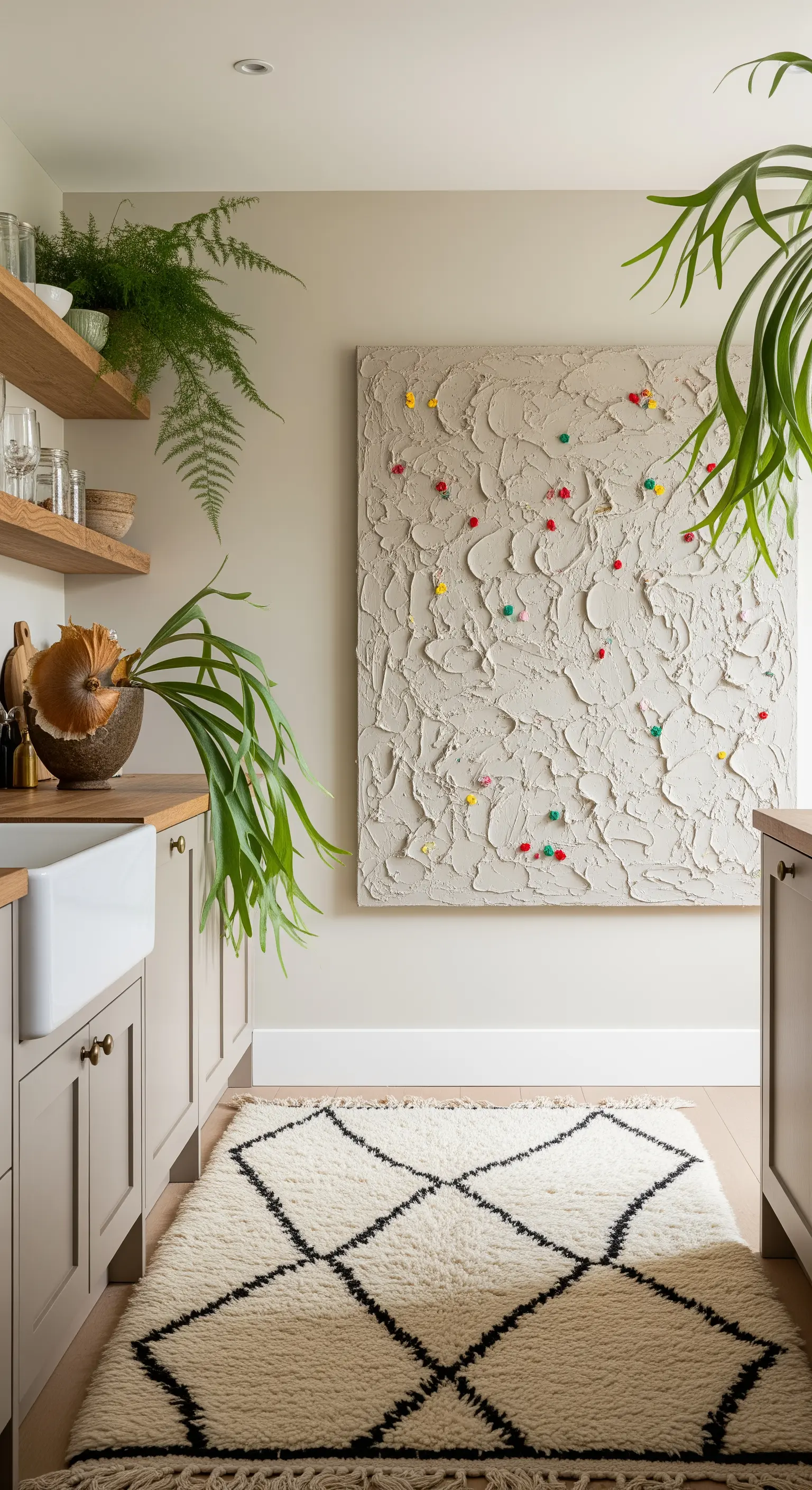 Cucina con un'opera d'arte materica tridimensionale in gesso e un tappeto berbero.