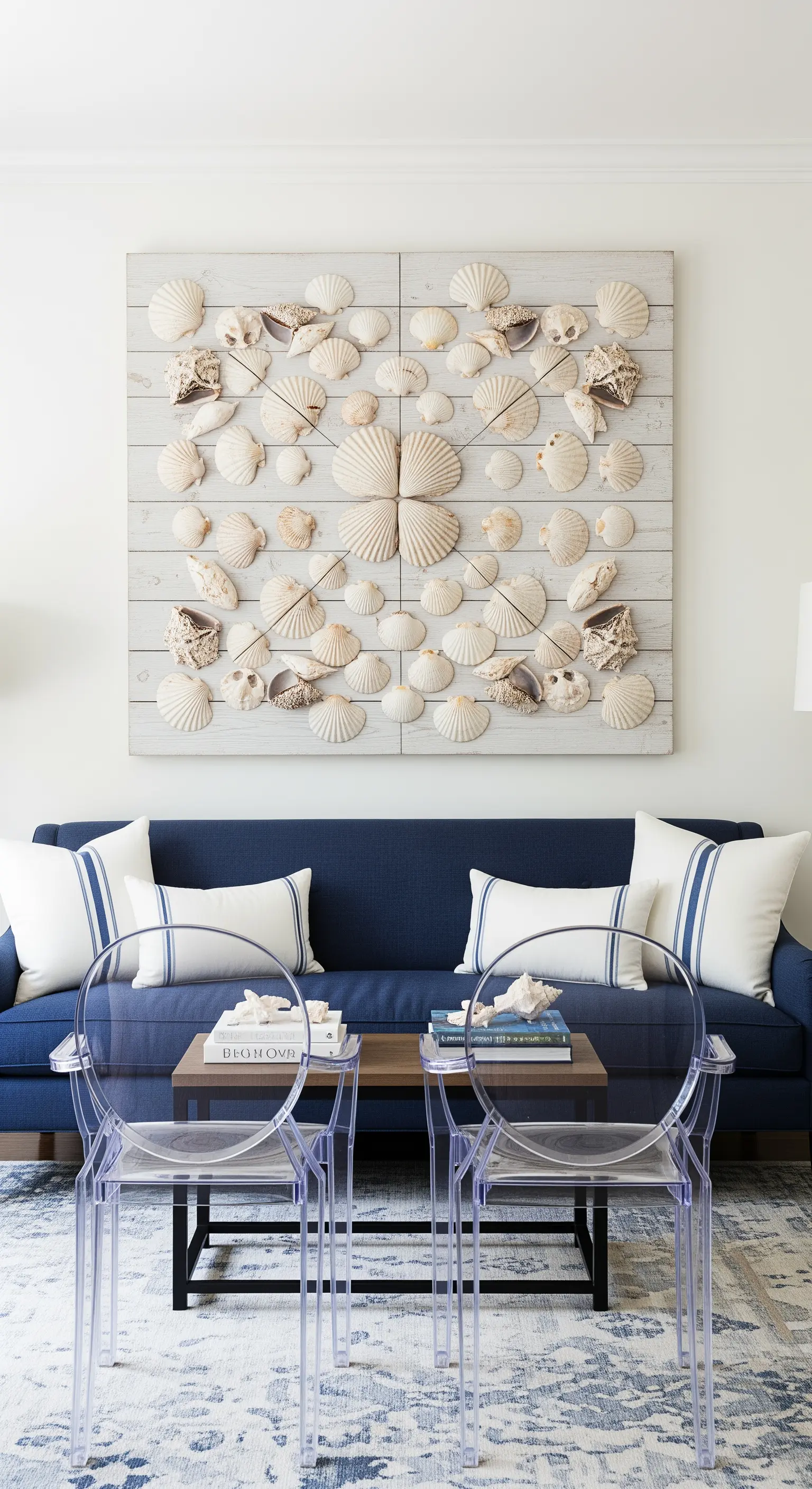 Opera d'arte murale realizzata con conchiglie disposte su pannelli di legno sbiancato.