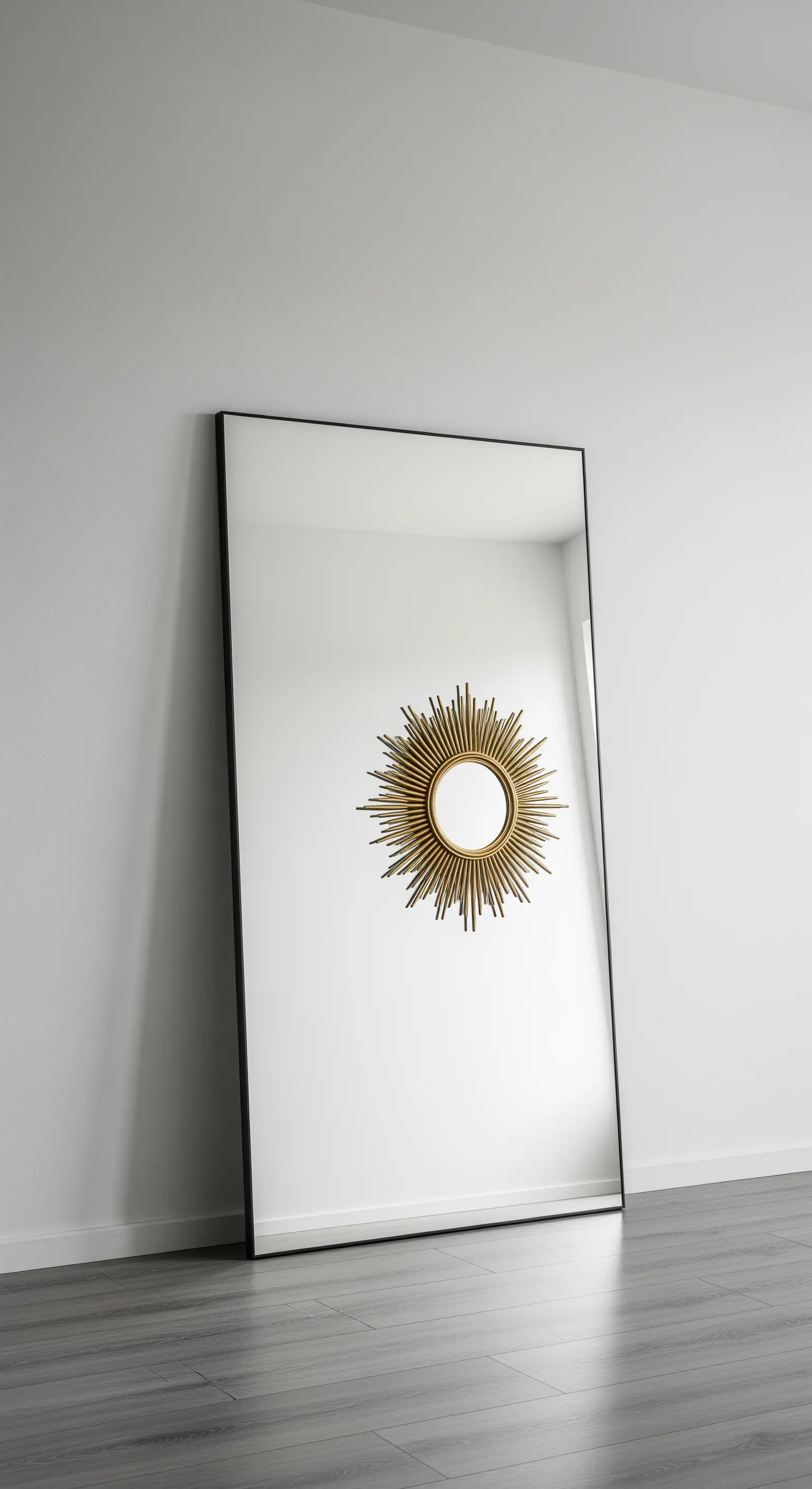 Specchio a figura intera appoggiato a una parete bianca che riflette uno specchio sunburst.