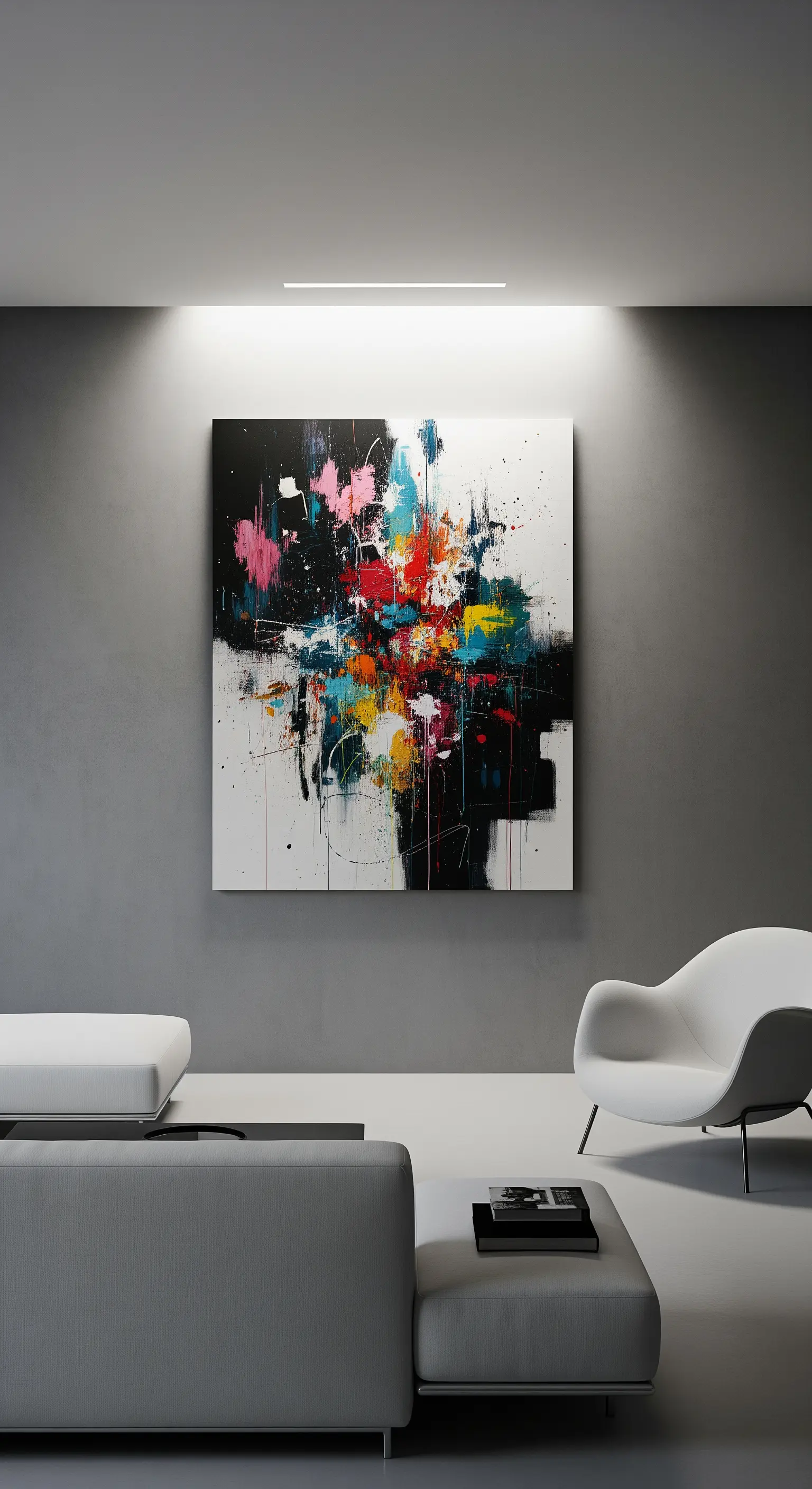 Grande quadro astratto su una parete grigia, illuminato da una luce a binario dall'alto.