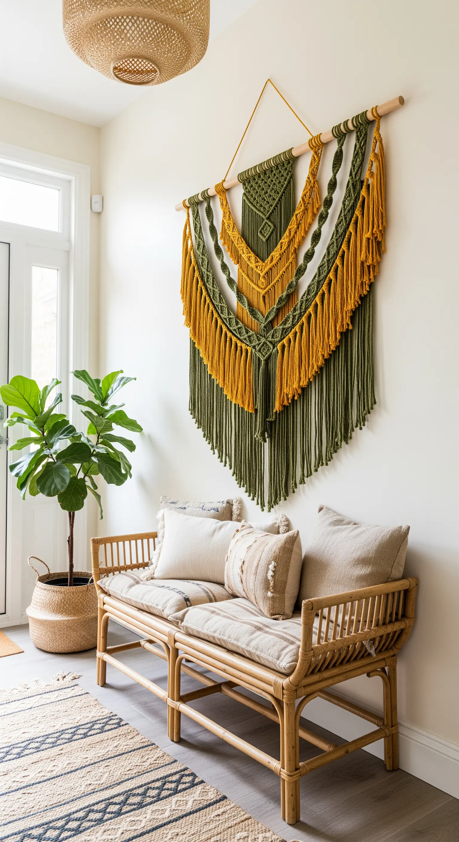 Grande arazzo in macramè senape e verde oliva sopra una panca in rattan in un ingresso luminoso.