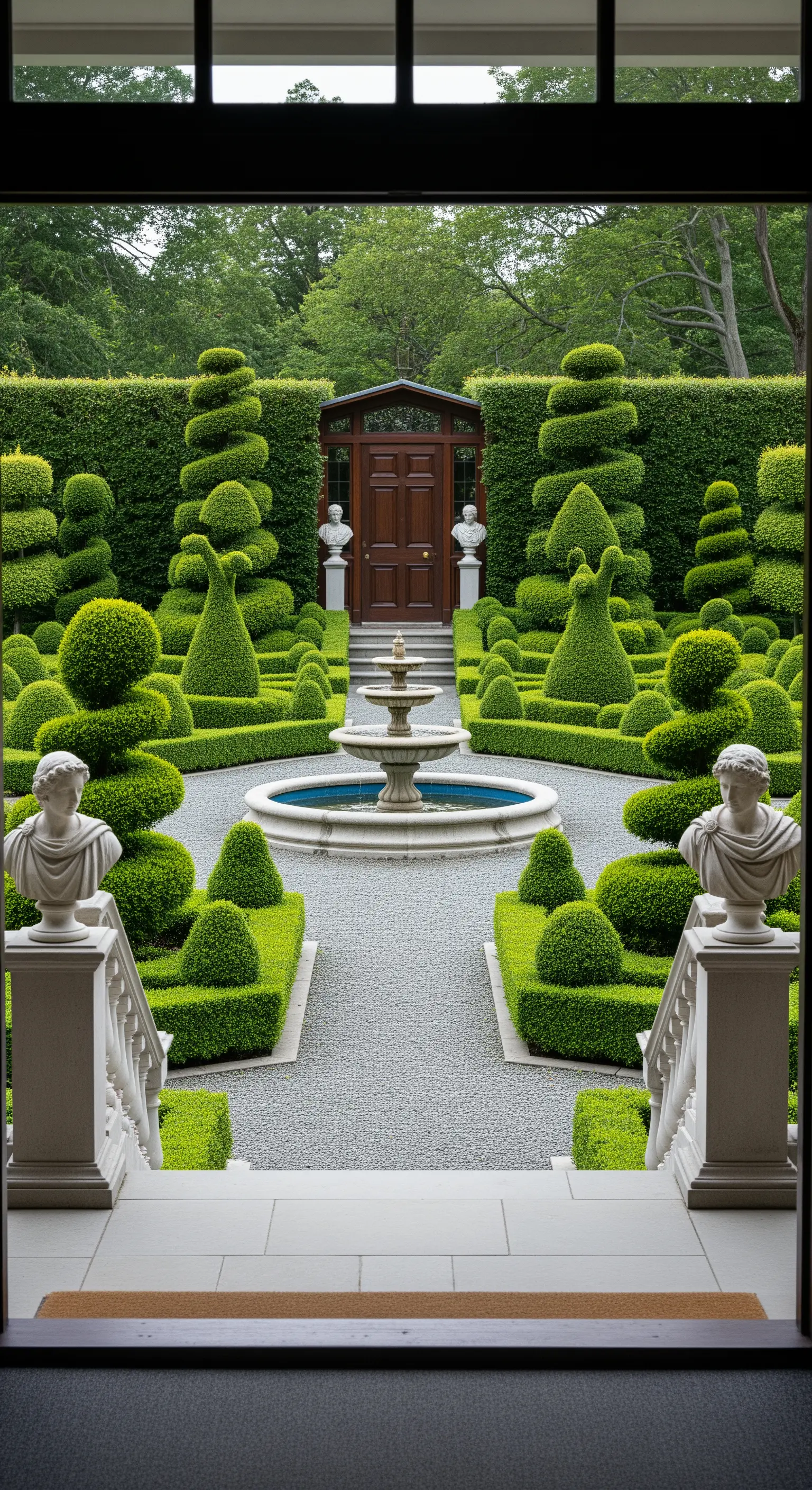 Vista da un ingresso su un giardino formale con elaborate siepi scolpite a topiary e una fontana.