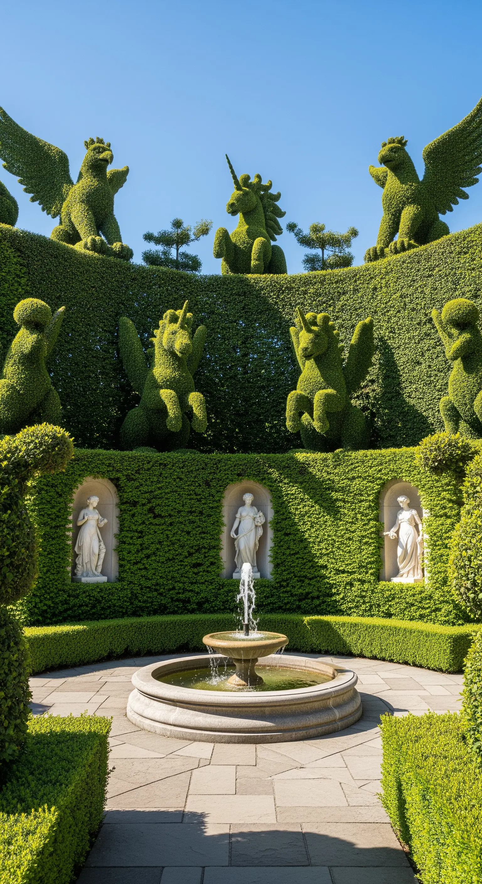 Giardino formale con arte topiaria a forma di grifoni e unicorni e statue in nicchie.