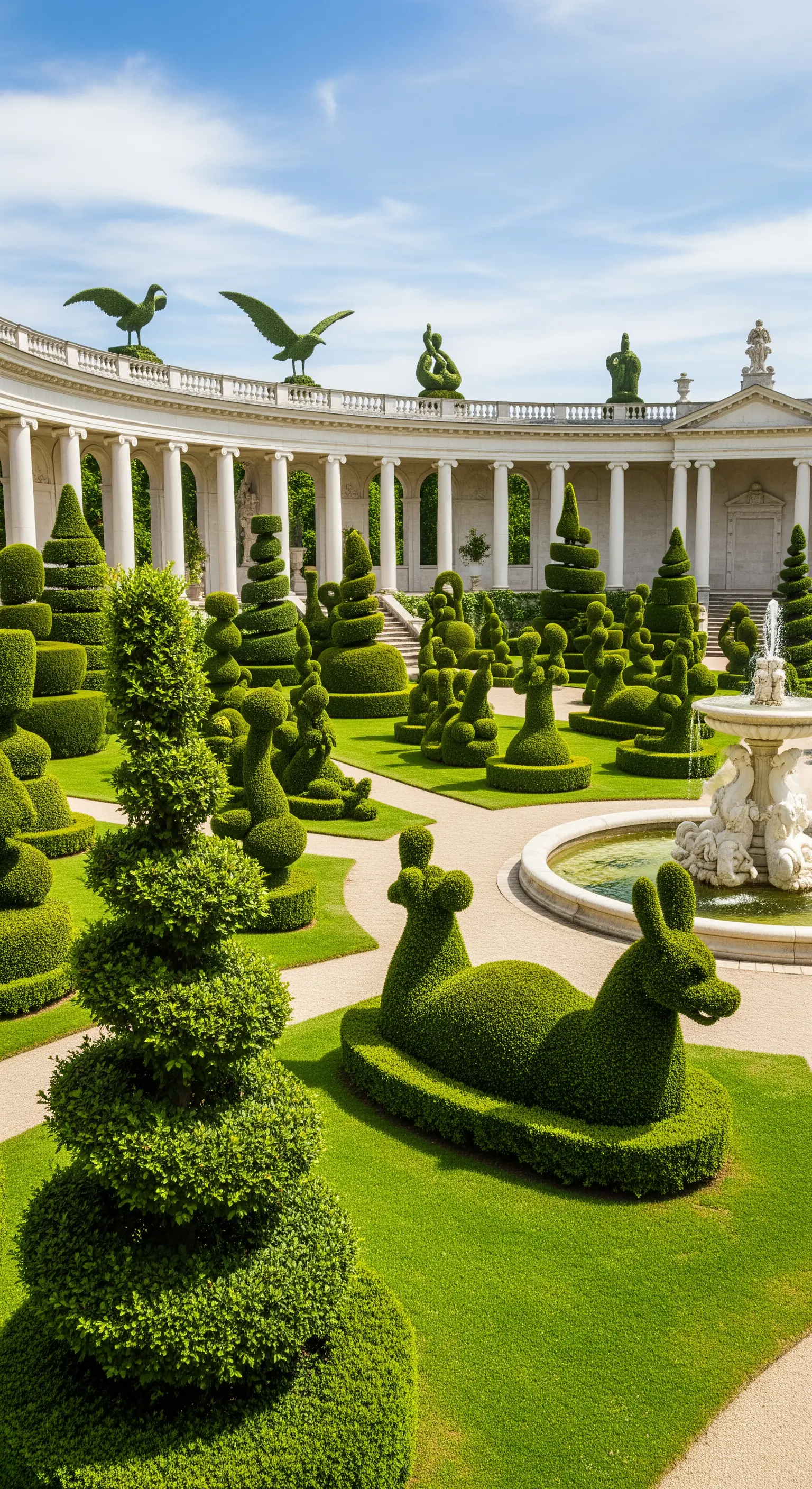 Giardino con elaborate sculture topiarie, colonne e una fontana in stile classico.