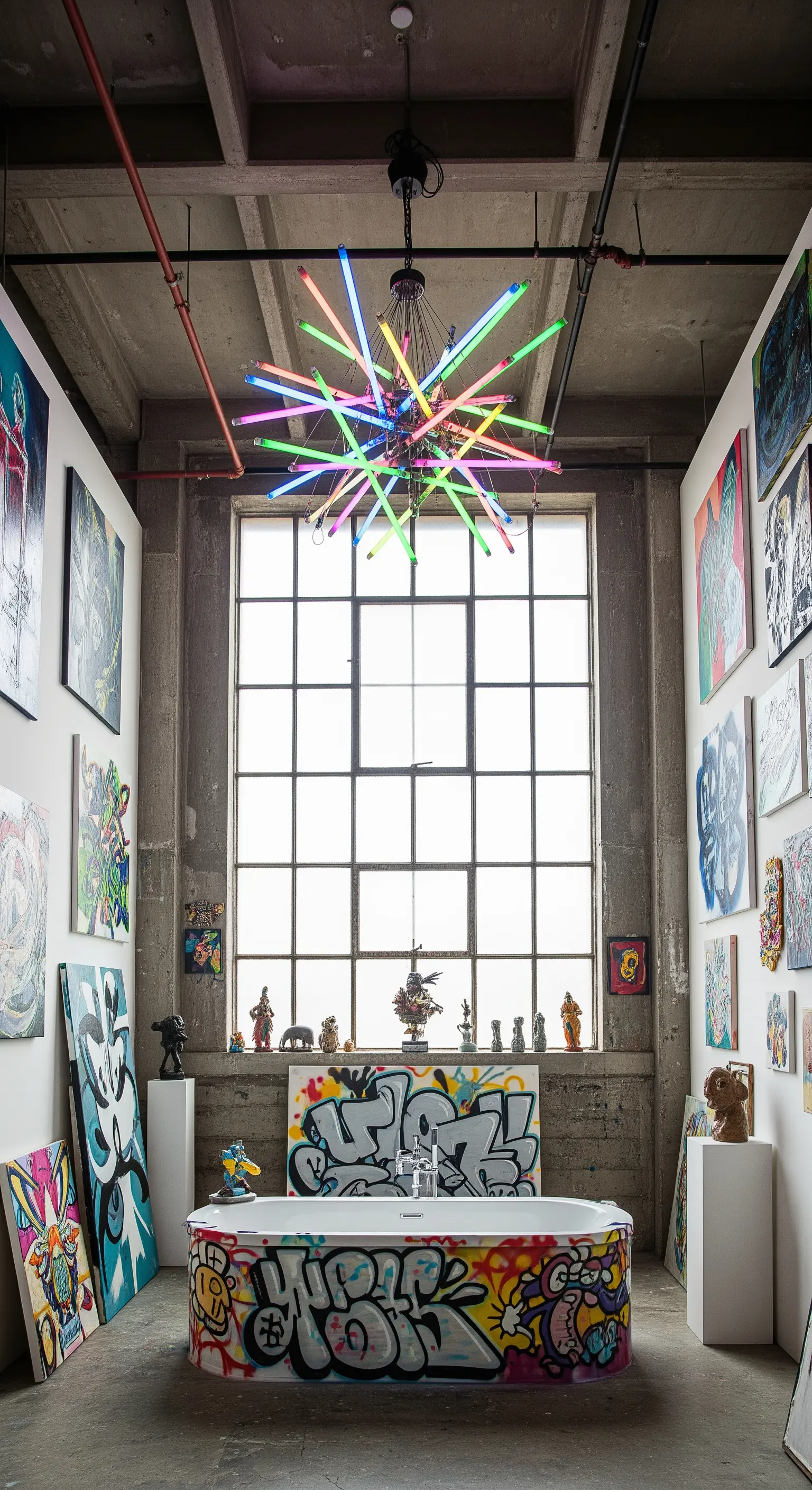 Bagno in stile loft pieno d'arte, con vasca graffiti e un lampadario fatto di neon colorati.