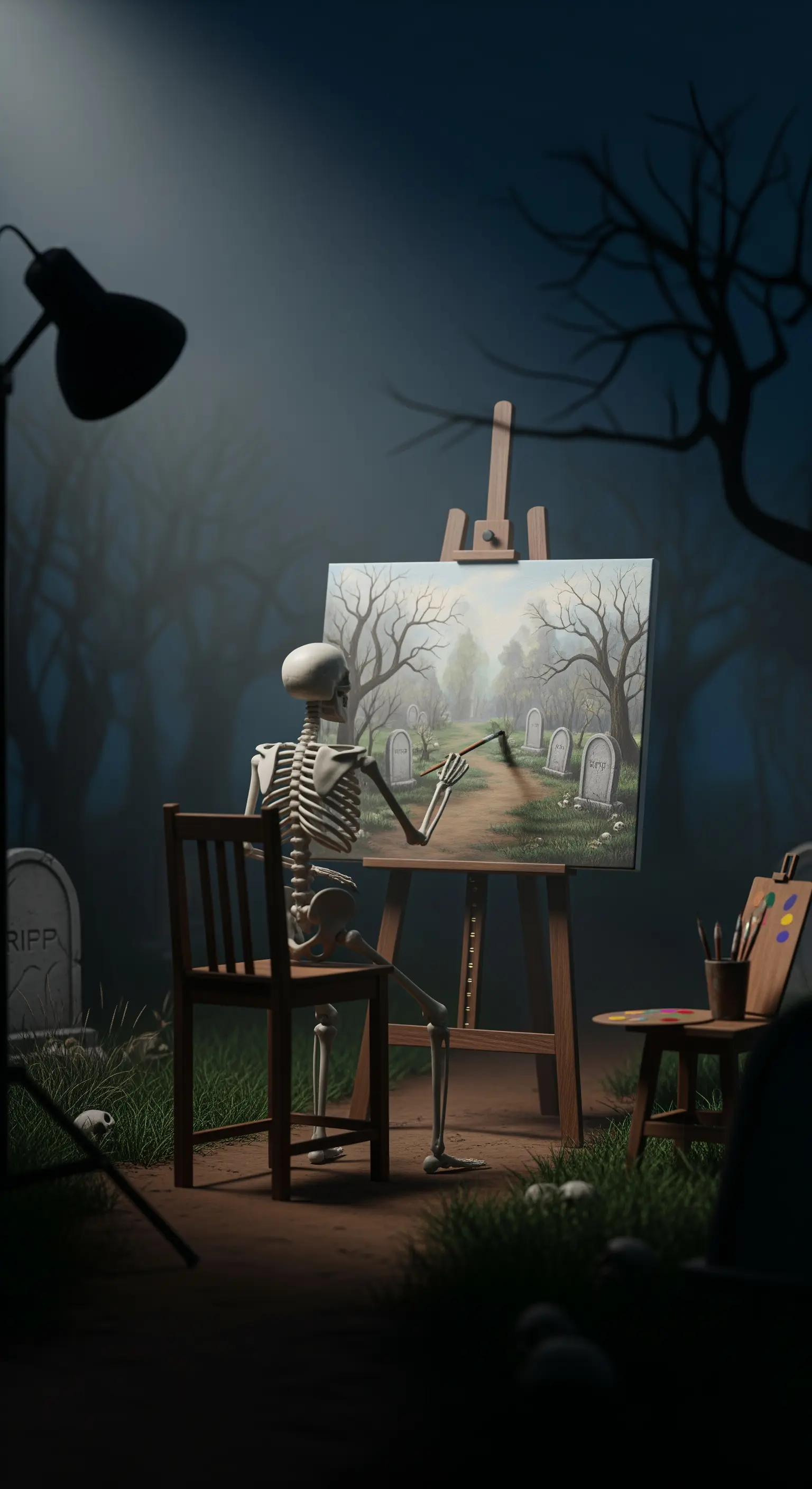 Uno scheletro-pittore dipinge un paesaggio cimiteriale su una tela, illuminato da una lampada.