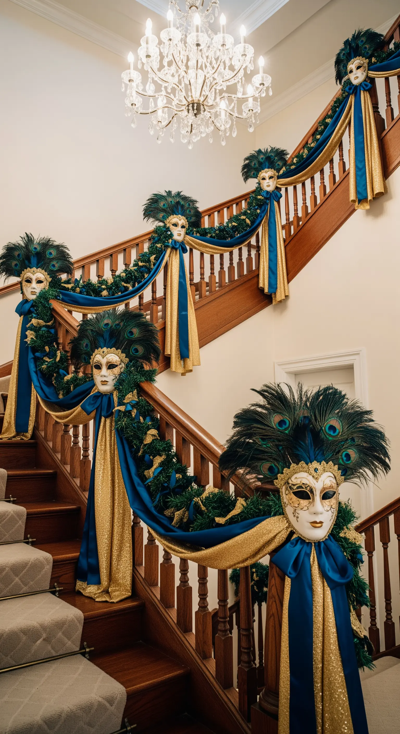 Scala elegante decorata con drappi blu e oro, ghirlande e maschere con piume di pavone.