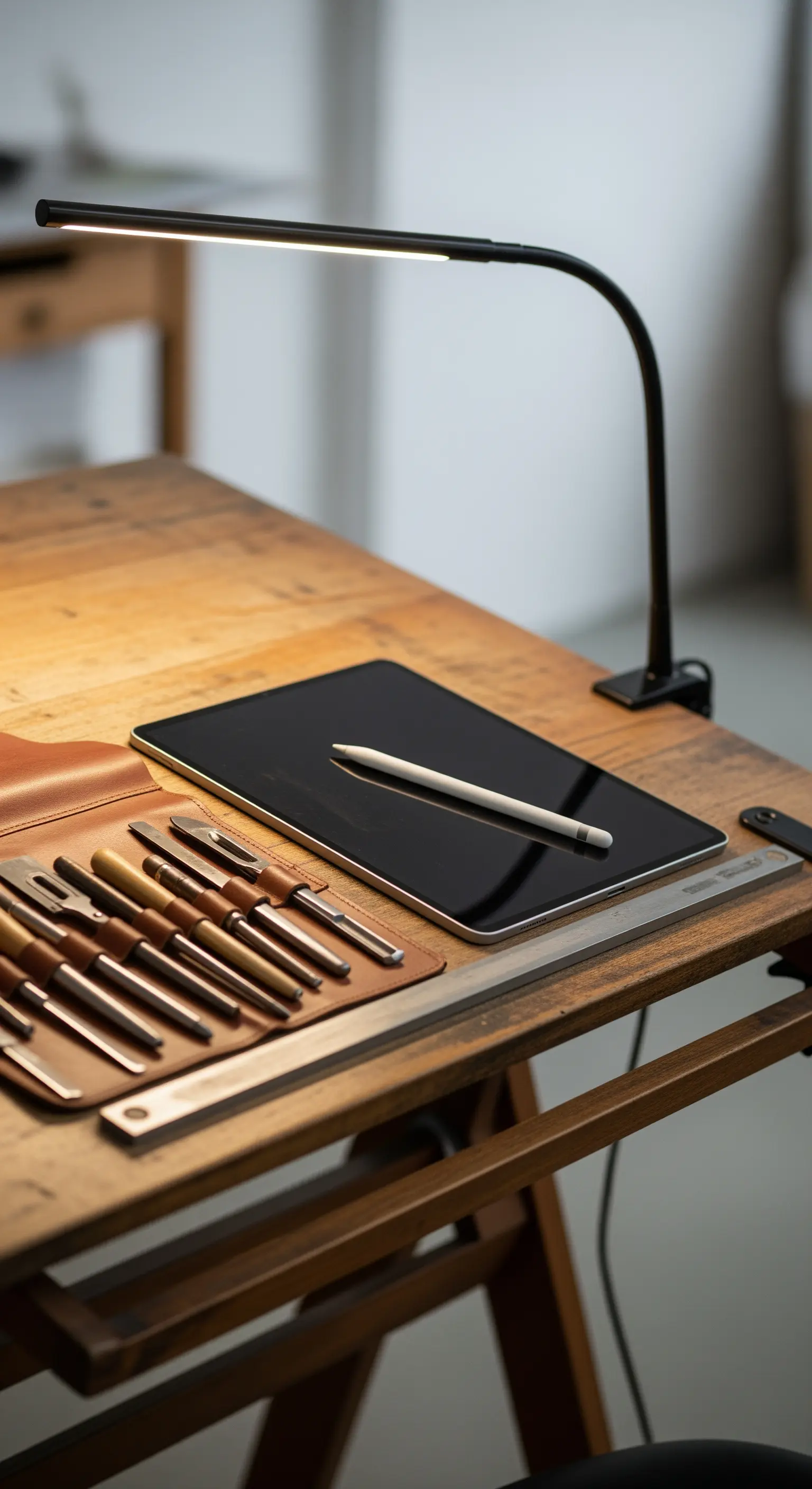 Lampada a LED nera su un tavolo da disegno in legno con tablet e strumenti da calligrafia.