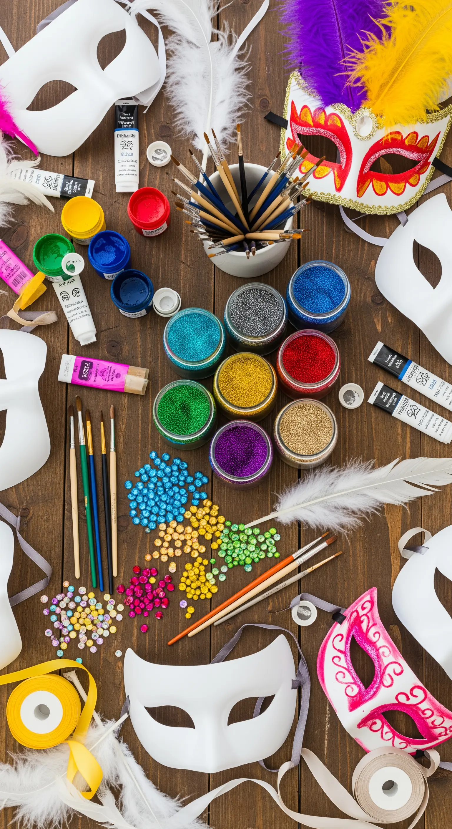 Tavolo con materiali per decorare maschere di Carnevale: colori, glitter, piume.