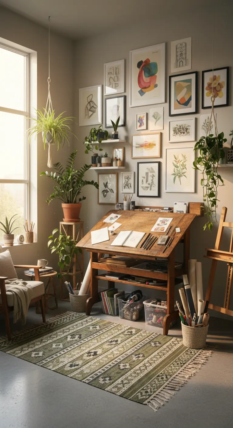 Tavolo da disegno in un angolo creativo con gallery wall, mensole e numerose piante.