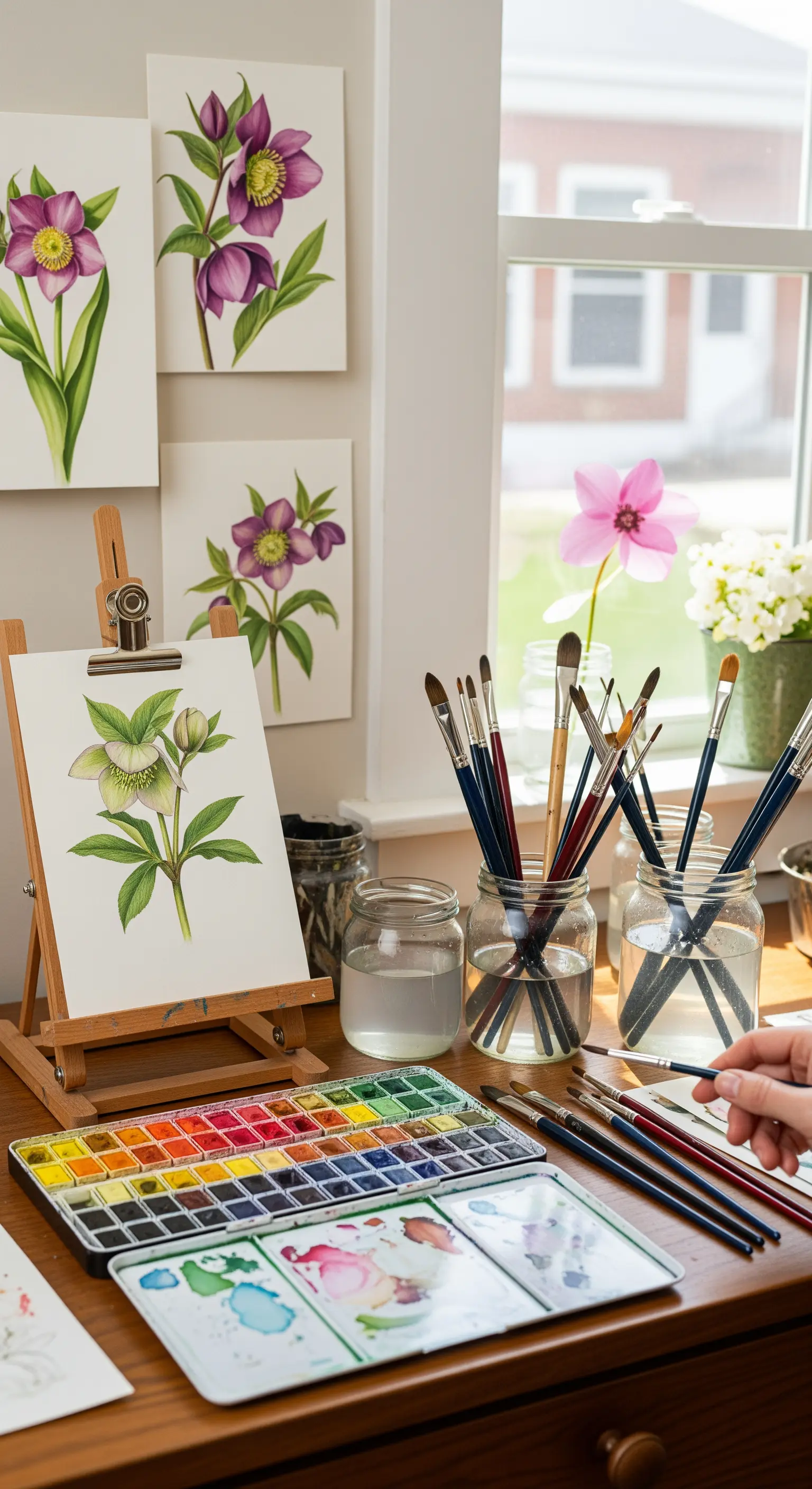 Postazione per pittura ad acquerello con tavolozza, pennelli e illustrazioni botaniche.