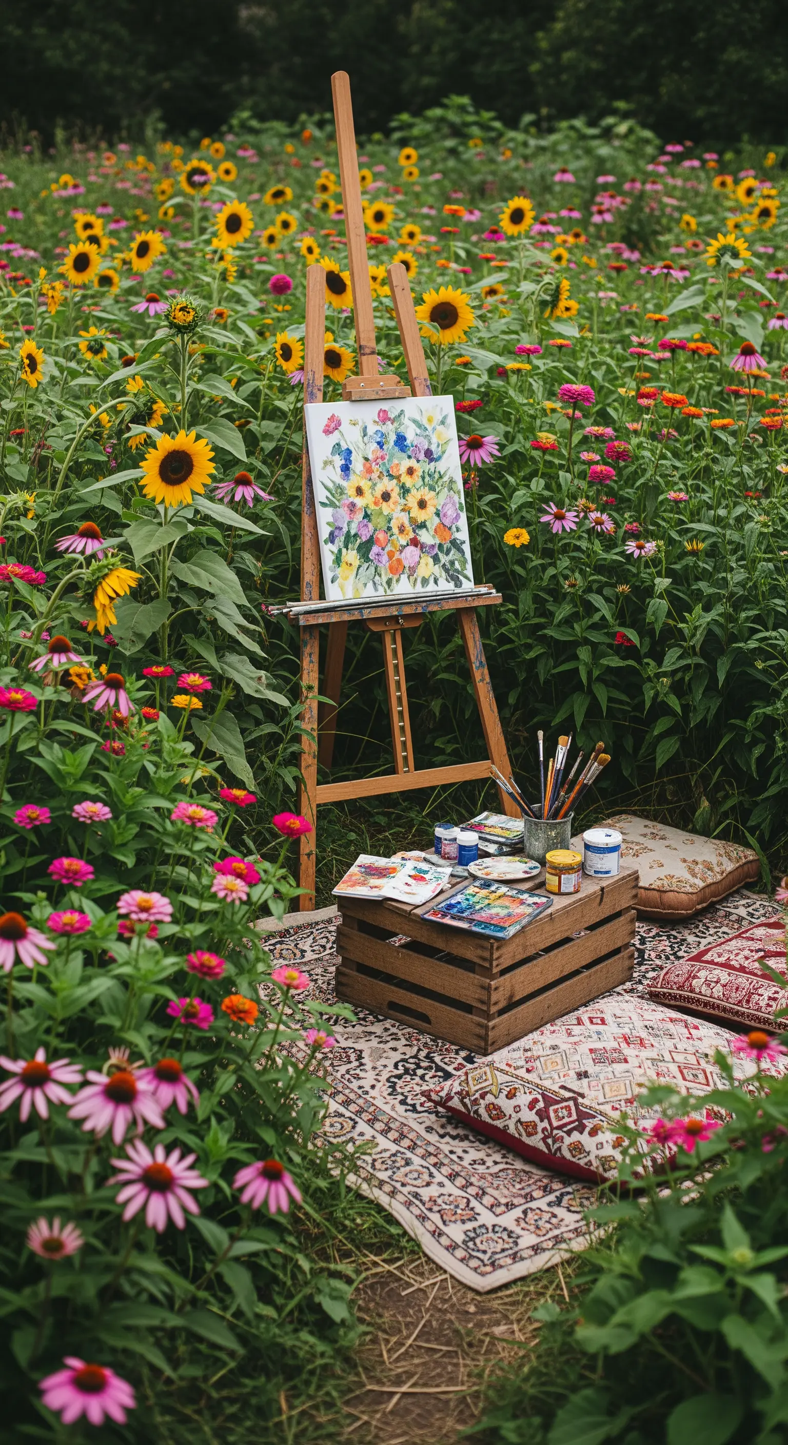 Cavalletto con una tela dipinta in un campo di girasoli e fiori selvatici, con tappeto e cuscini.