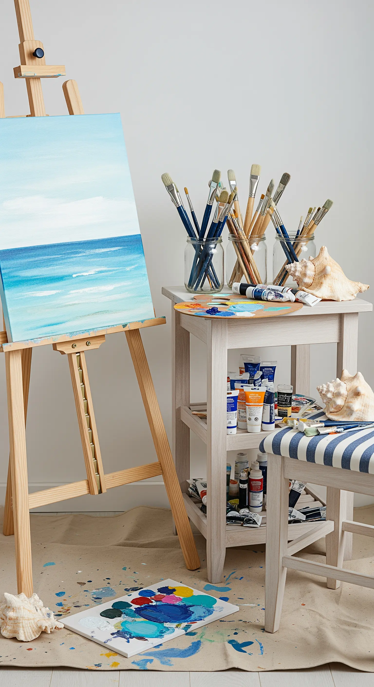 Angolo per dipingere con cavalletto, tela con paesaggio marino e sgabello con colori.