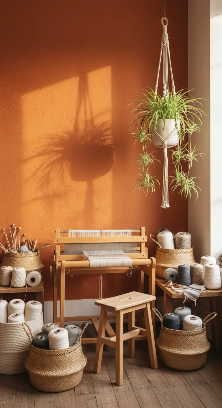 Angolo per la tessitura con telaio in legno, cesti di filati e pianta sospesa in macramè.